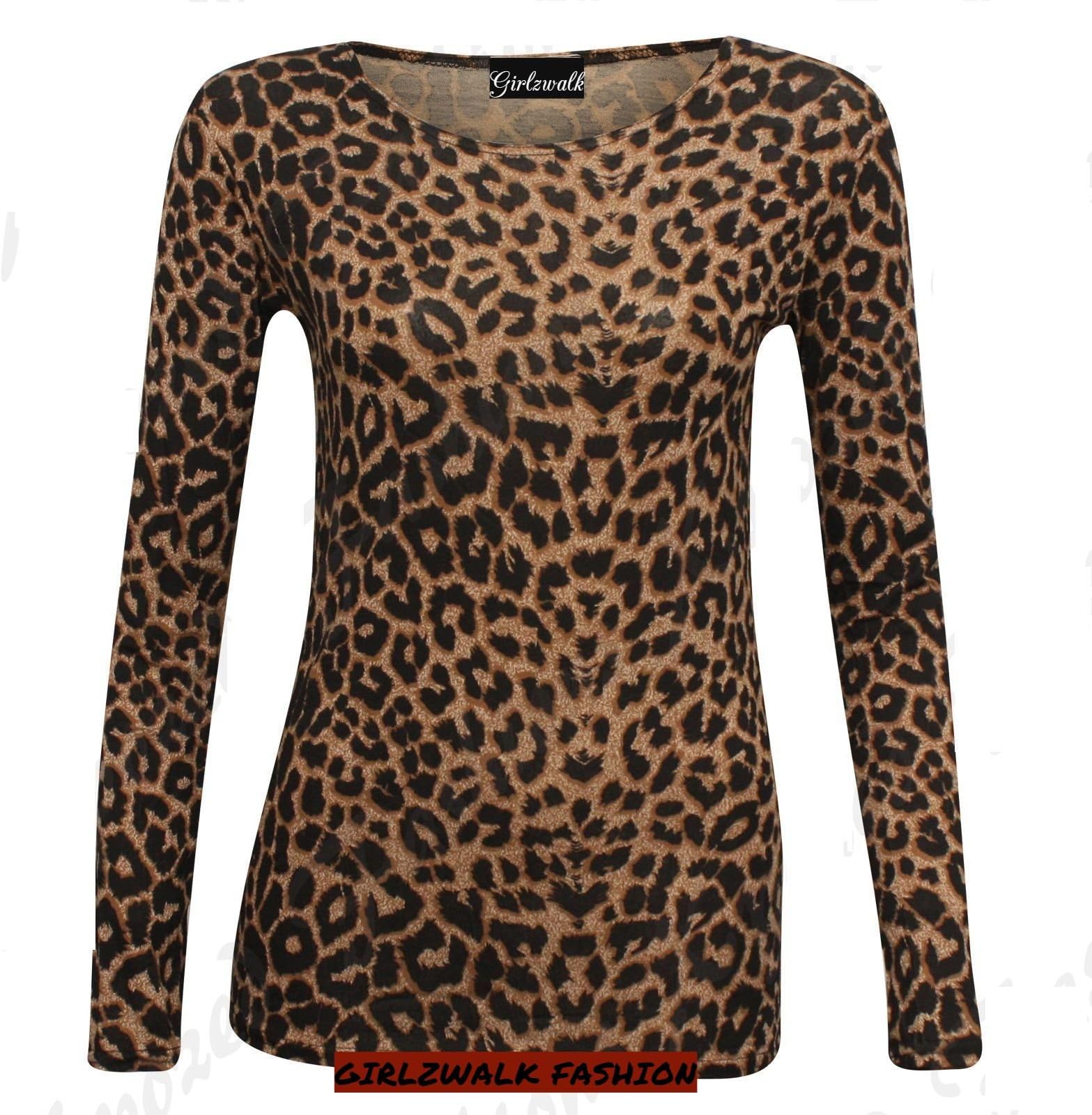 GirlzWalkWomen's Ladies Brown Leopard Print Long Sleeve Casual Stretch Top T-Shirt