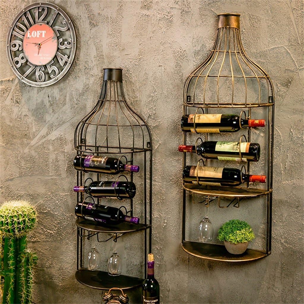 LUNEZY Wine Rack Wall Holder Metal | Wall Shelf Storage Rack Wall-Mount | Wine Bottle Holder | Hanging Wine Glass Holder | Wine Cabinet Loft Vintage Industrial Style (Color : Black)