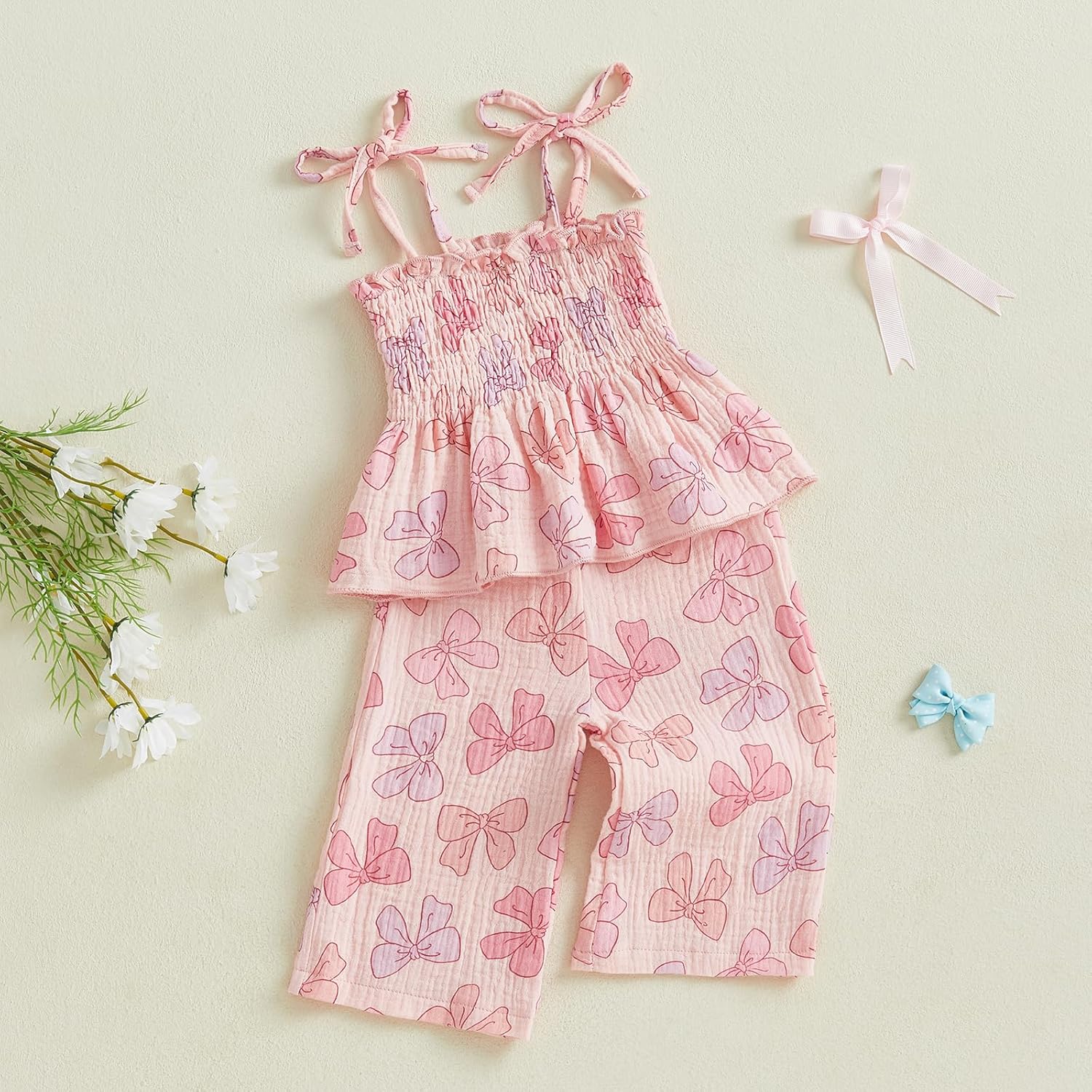 VISGOGO Toddler Baby Girl Outfits Sleeveless Smocked Strap Camisole Linen Pants Bow Baby Summer Clothes - Image 3