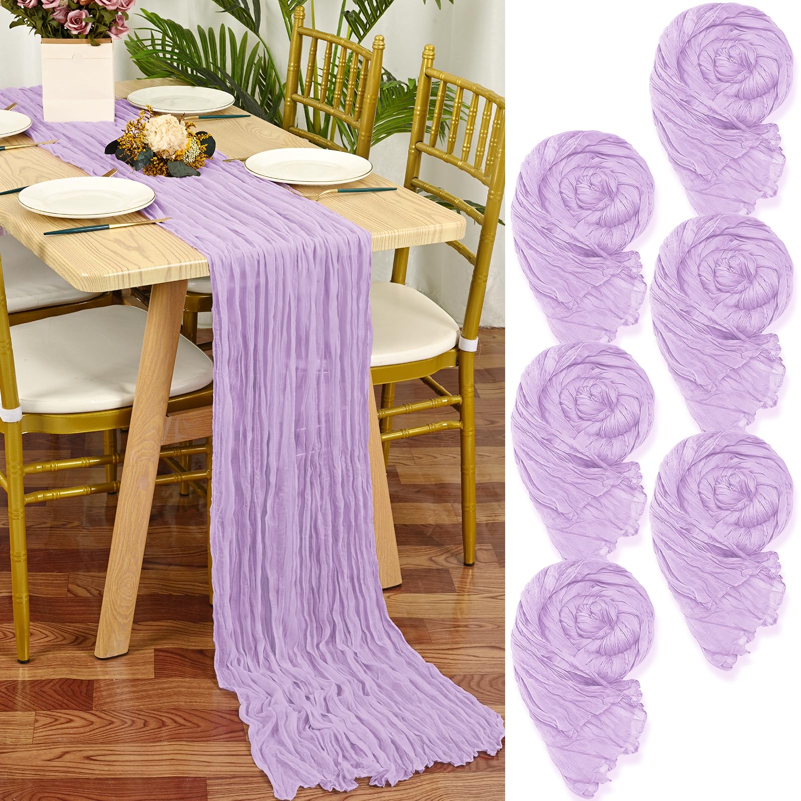 YMHPRIDE 6 Pack Cheesecloth Table Runner - Lilac, 90x300cm Rustic Gauze Fabric Boho Wedding Table Decor for Party & Bridal Shower