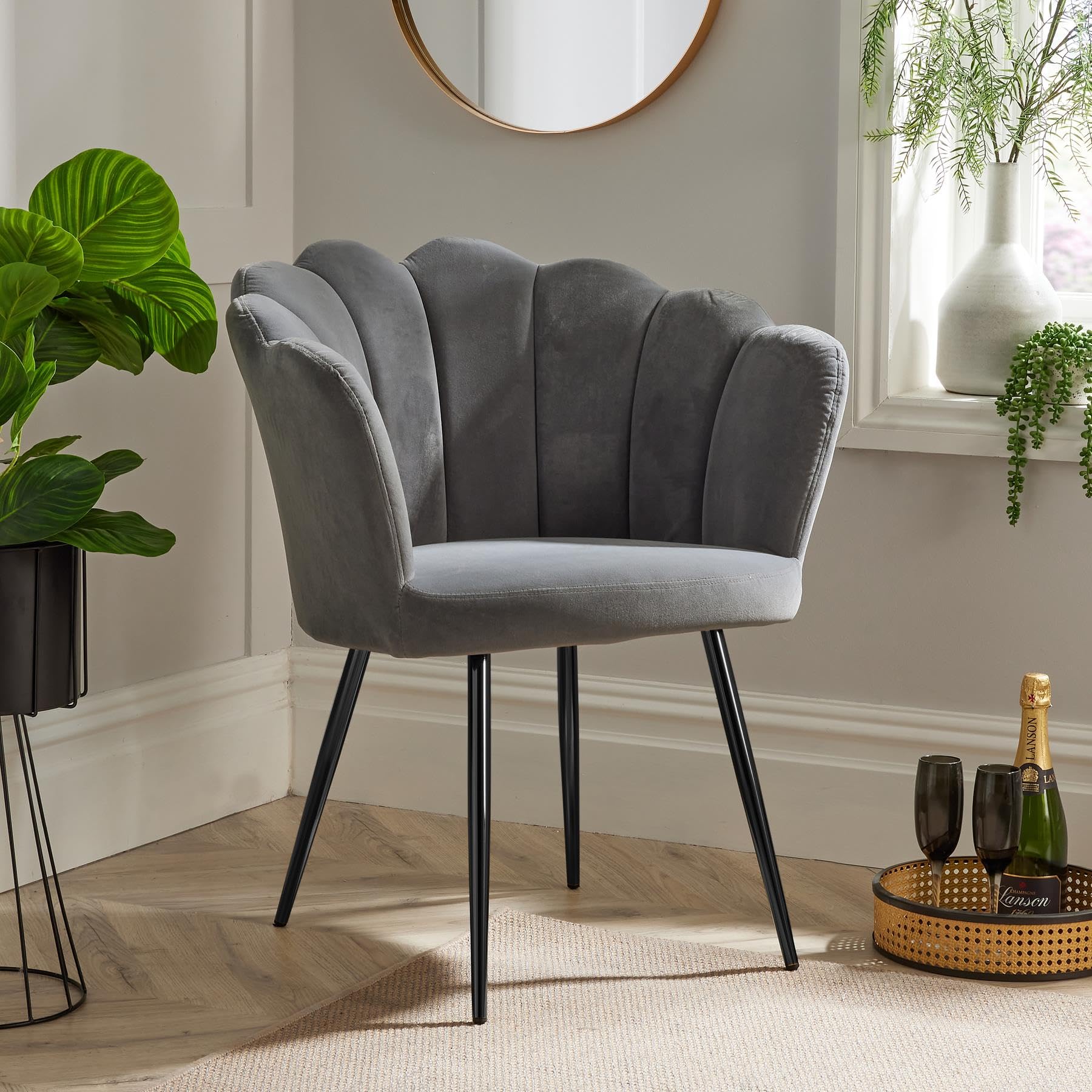 Home Source Velvet Scallop Shell Chair Wing Back Armchair Occasional Sofa, Grey, Black Metal Legs