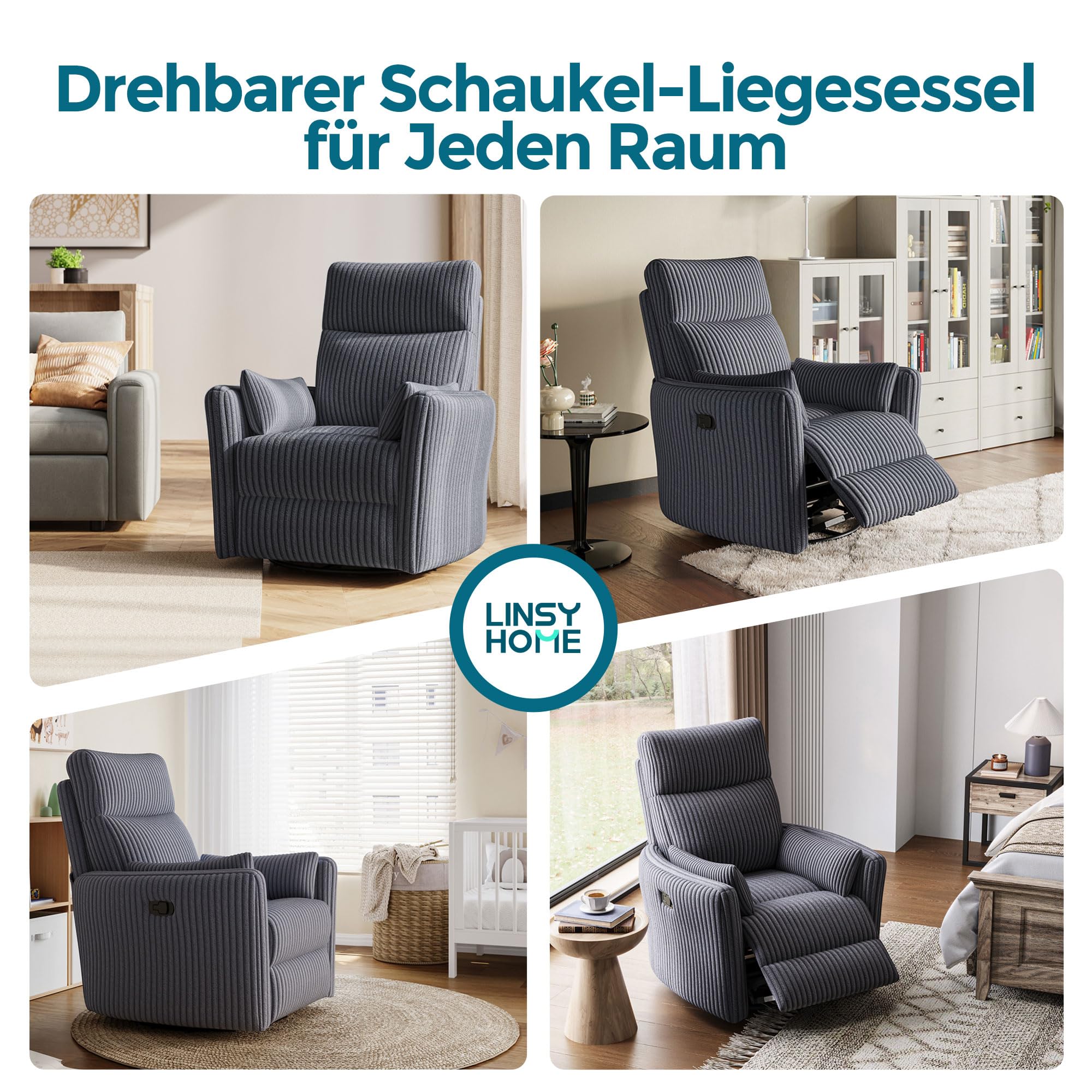 LINSY HOME 360 Swivel Nursery Relaxsessel, Corduroy TV Sessel mit 2 Kissen, Komfortabler High Back Sessel mit Liegefunktion für Kleine Räume, Kinderzimmer, Schlafzimmer, Wohnzimmer, Grau