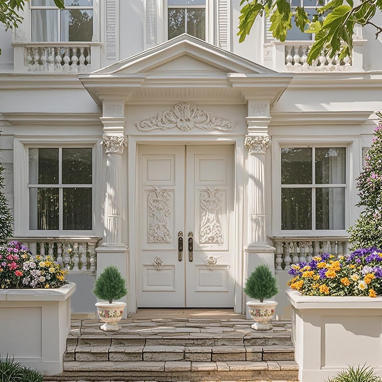 21'' Artificial Cedar Topiary Ball Trees with Ground Spike, 2 Pack Artificial Shrubs, UV Resistant Fake Plant Brush for Indoor Outdoor Front Porch Garden - Image 2