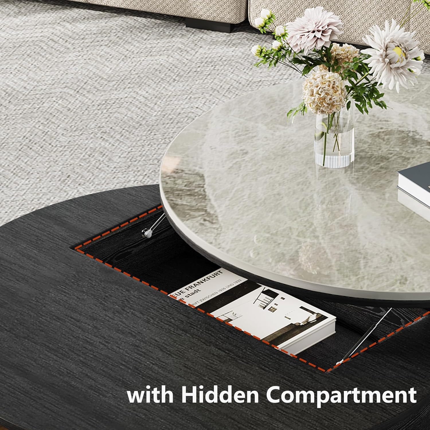 31.5" Modern Round Coffee Table for Living Room, Lift Top Coffee Table with Stools, Sintered Stone Living Room Table with Storage, Fully Assembled Tea Table for Home Office