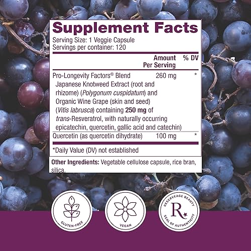 Miniatura 2 de Reserveage, Resveratrol 250 mg, Suplemento antioxidante para la salud cardíaca y celular, Apoya el envejecimiento saludable, Paleo, Keto, 120