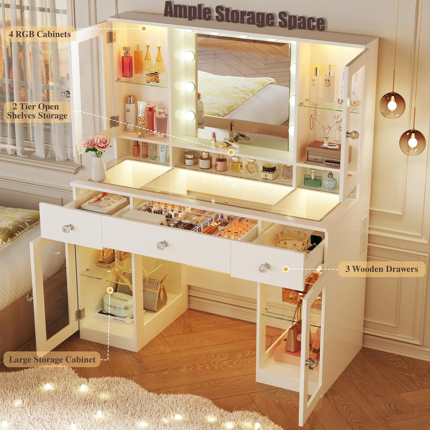 Vanity Desk with Mirror and RGB Lights, 43" Large Makeup Vanity with Glass Top, 4 Large Glass Cabinets, Power Outlet & 3 Drawers, 3 Colors Lighting Adjustable Brightness for Bedroom, White