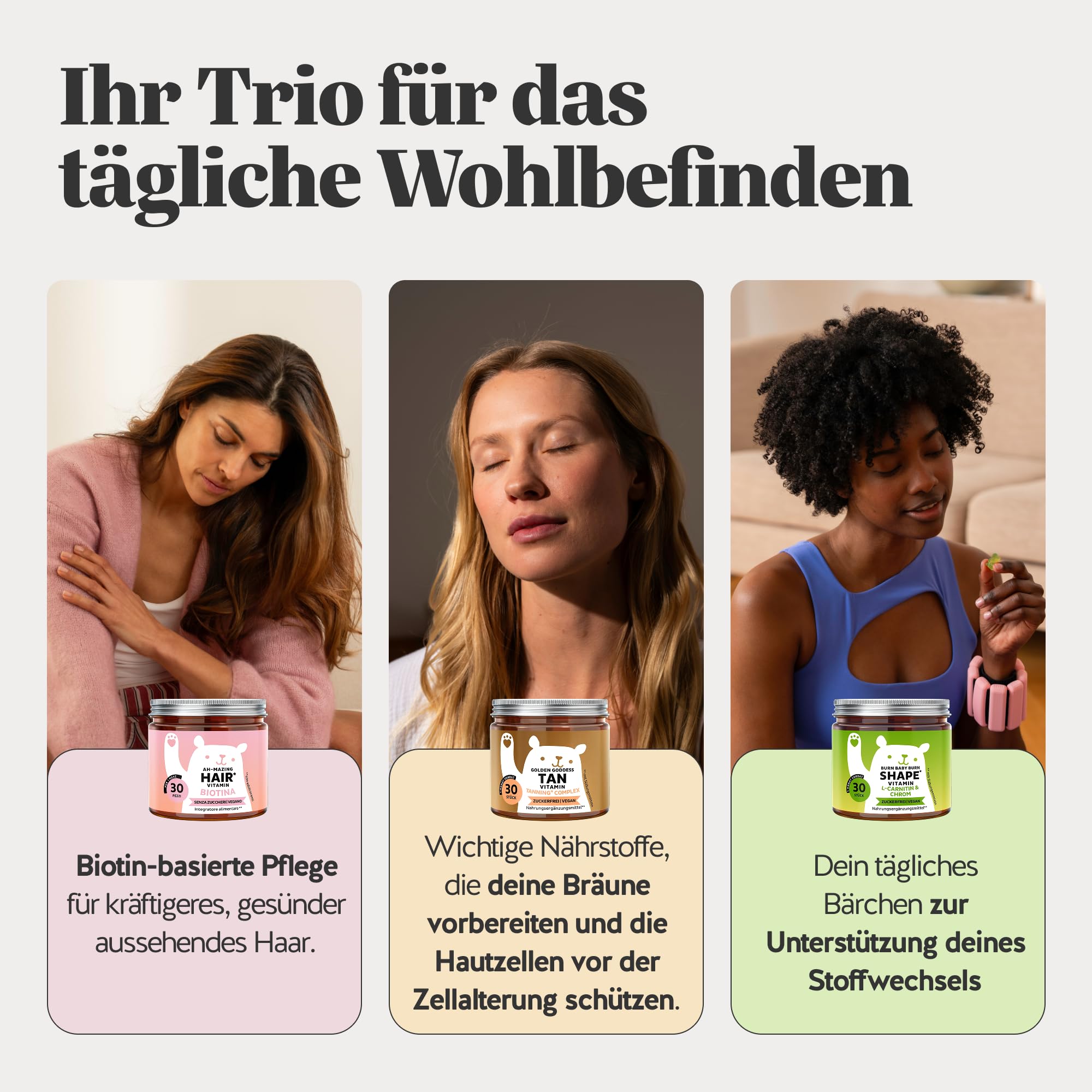 Trio – Für Haare, Bräune und Figur – Dreifach-Schönheitswirkung - Biotin für Haare, Kupfer für Hautpigmentierung, Chrom für Stoffwechsel – 3 x 30 Stück - Zuckerfrei – Bears with Benefits | Gummichärchen mit Biotin für Haare, Kupfer für Hautpigmentierung,