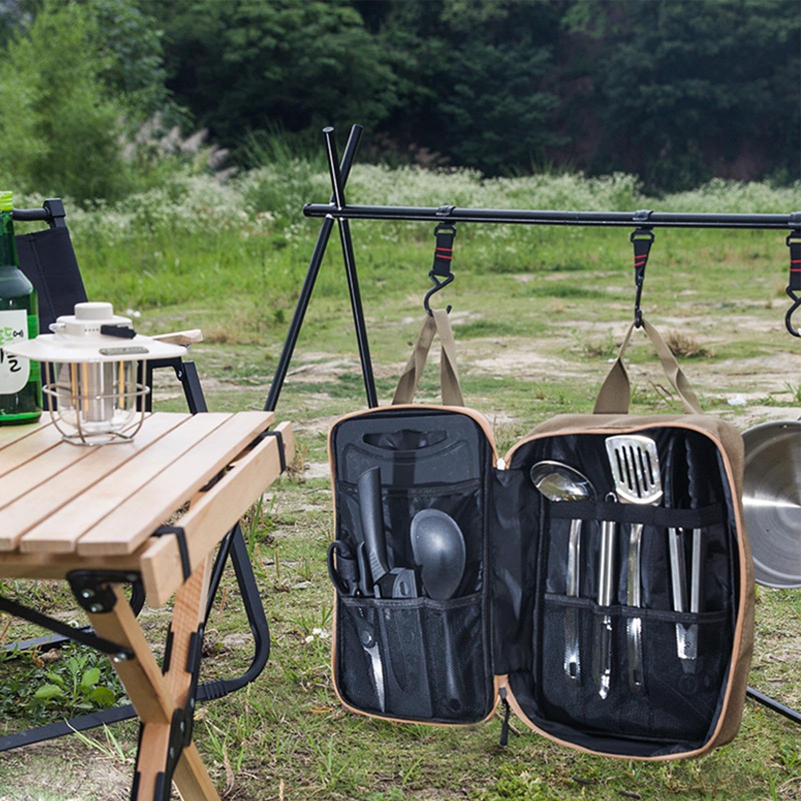 Camping-Kochgeschirr-Set, Camping-Utensilien, Küchenutensilien aus | Edelstahl, 8-teilig, kompaktes Küchenutensilien-Set aus Metall, mit Tasche
