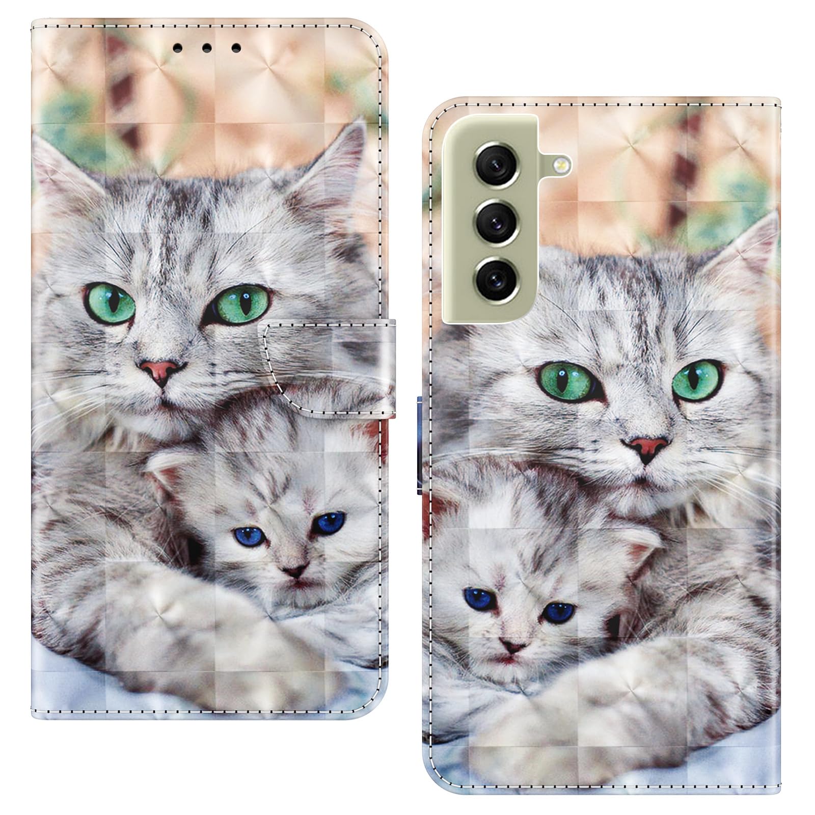 BOLELAW Hülle für Samsung Galaxy S21 FE, Stoßfeste PU Leder Wallet Case mit Magnetverschluss, Standfunktion & Kartenfächern, Zwei Katzen