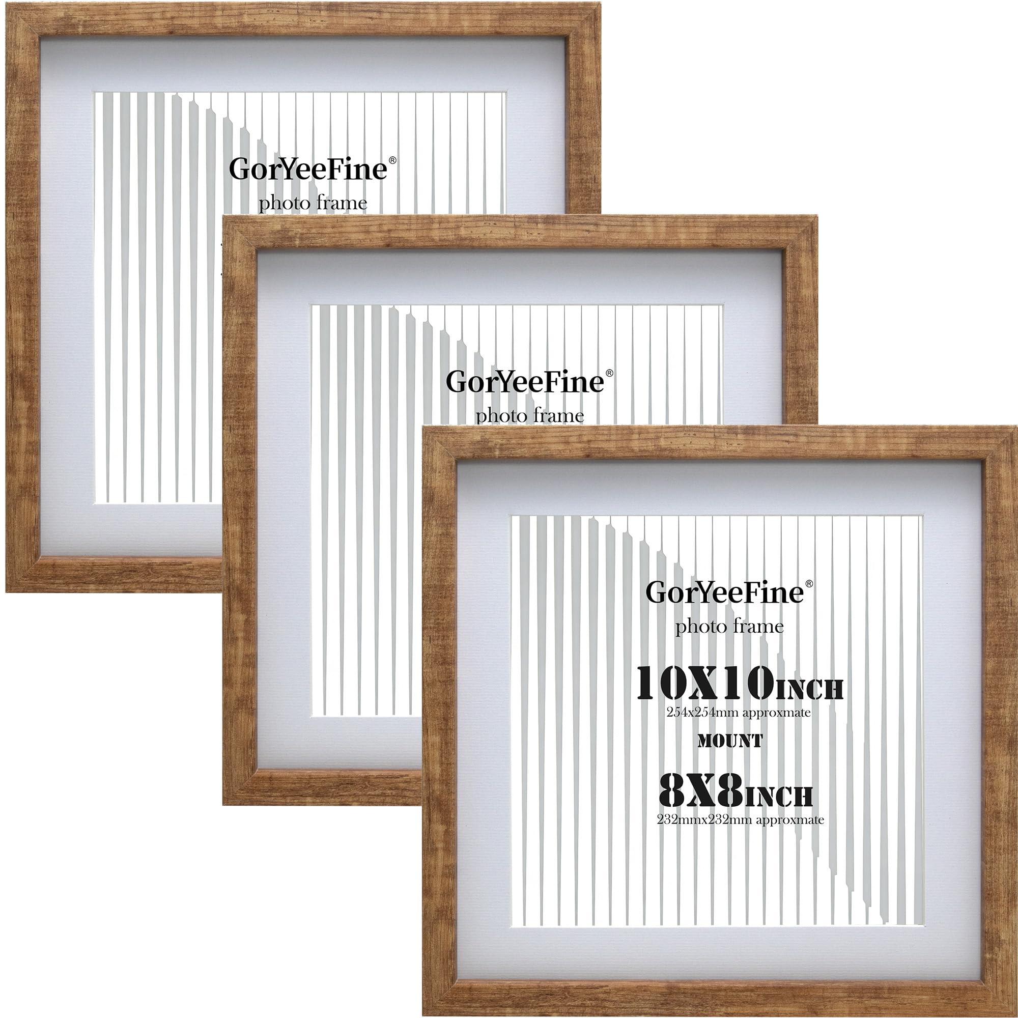 10x10'' Square Wood Photo Frame Set of 3 with Acrylic Front,25x25cm Walnut Effect Picture Frames with Acid Free 8x8'' Mount, for Wall Mount &Tabletop Display,Ideal for Home Gallery Decor & Gifts