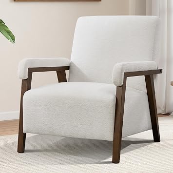 CANMOV Mid Century Modern Accent Chair, Upholstered Reading Armchair with Solid Wood Frame, Soft Fabric, Easy Assembly Sofa Chair for Bedroom, Living Room & Cafe 1, Crem White