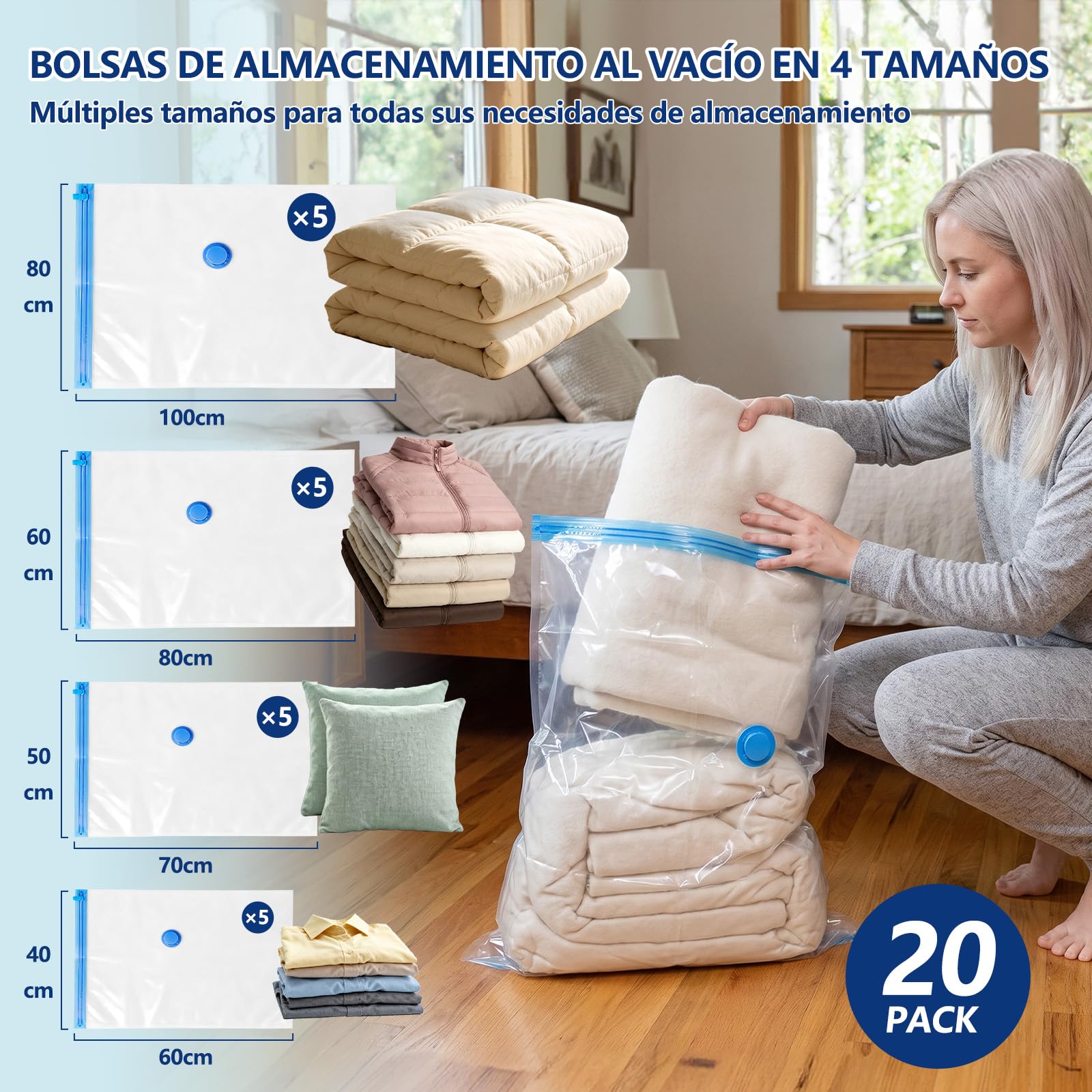 Bolsas Vacío Ropa Viaje con Bomba Eléctrica, 20 uds, 4 Tamaños | Material PA+PE extra grueso,Resistente a desgarros,Reutilizable,Mezcla de tamaños 40×60/50×70/60×80/80×100 cm