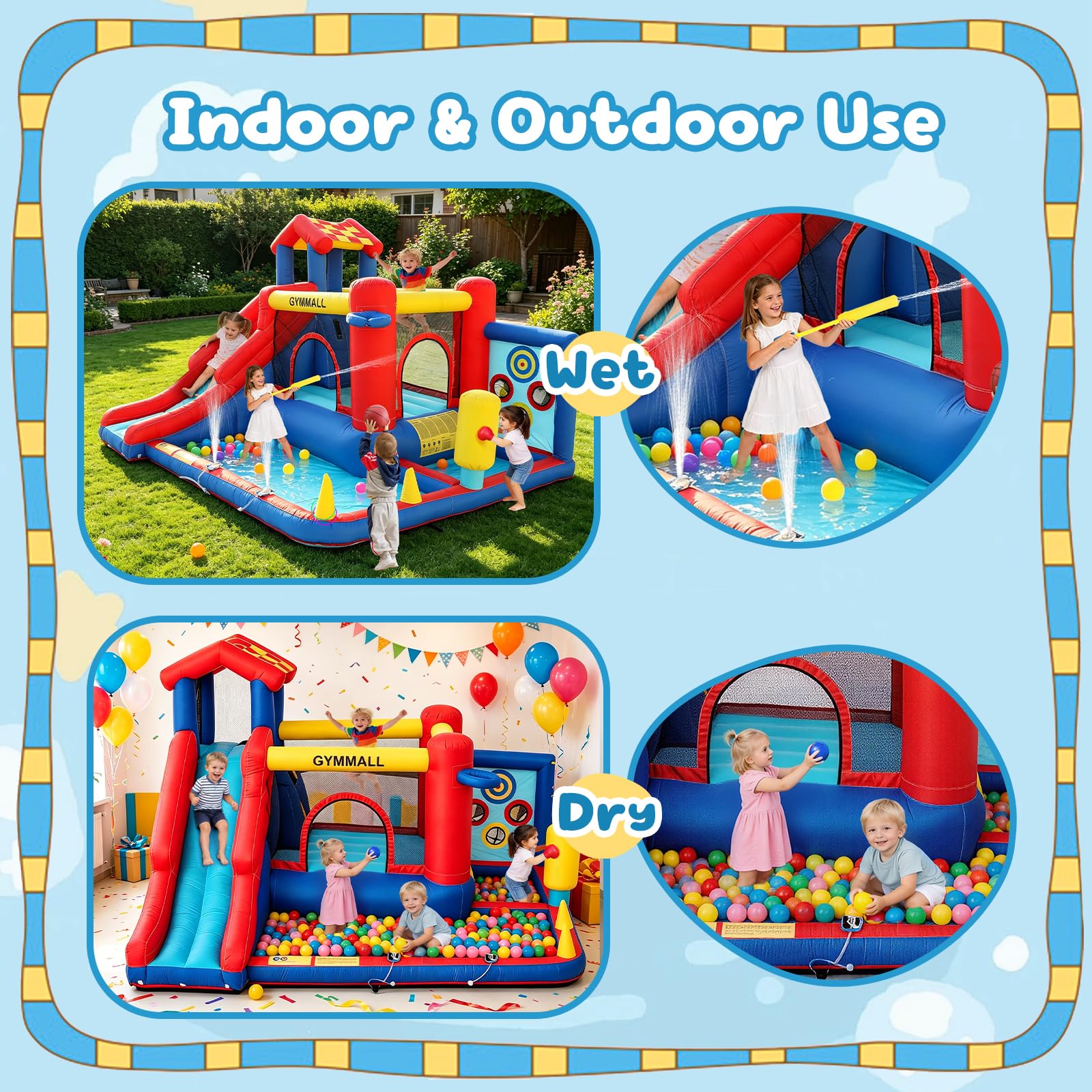 Castello Gonfiabile per Bambini – Gioco Multifunzione 8 in 1 con Scivolo, Parete da Arrampicata, Trampolino e Ventilatore 370W, Ideale per Uso Interno ed Esterno