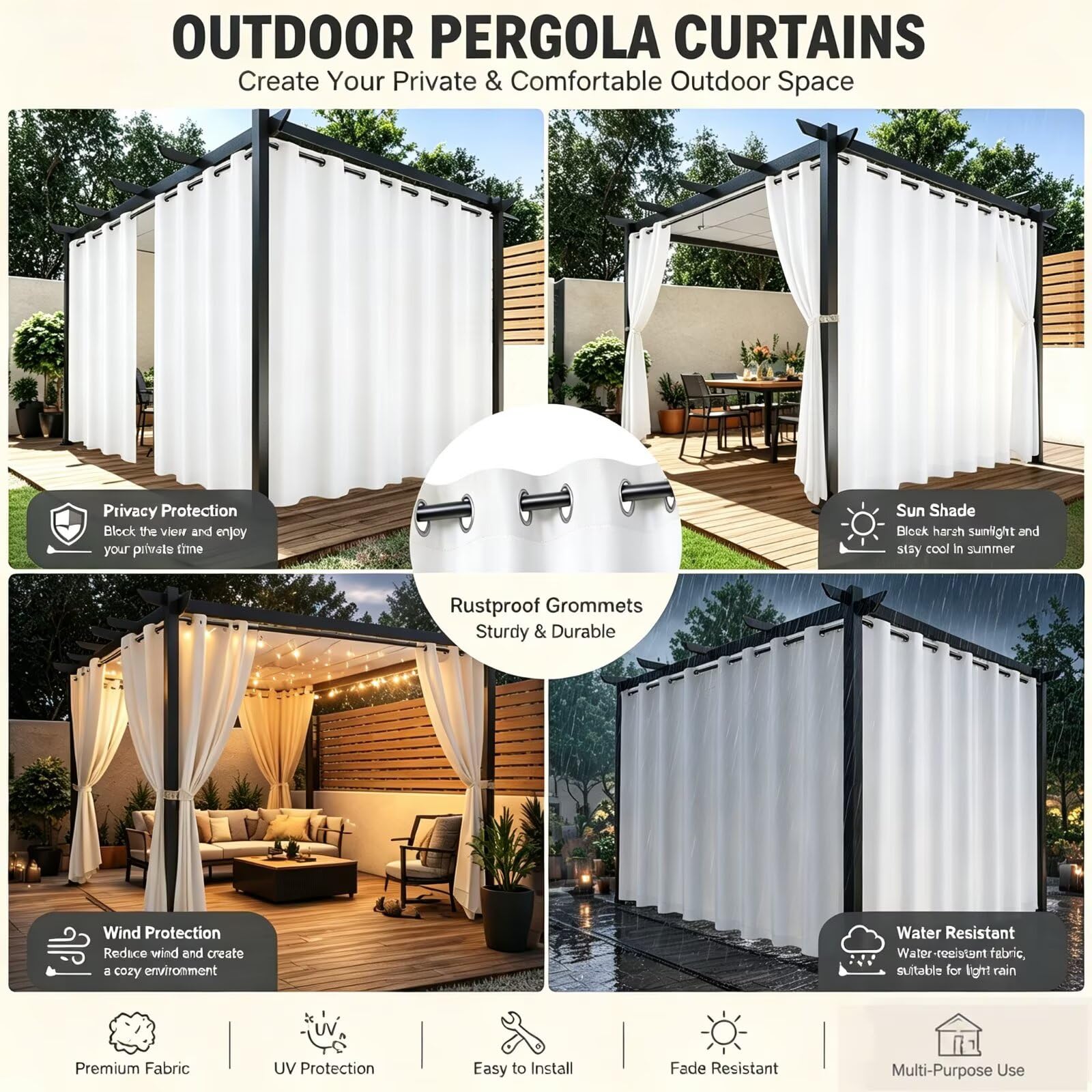 Lot de 2 Rideaux Pergola Extérieur Anti Soleil Œillets 2.15x2.75m