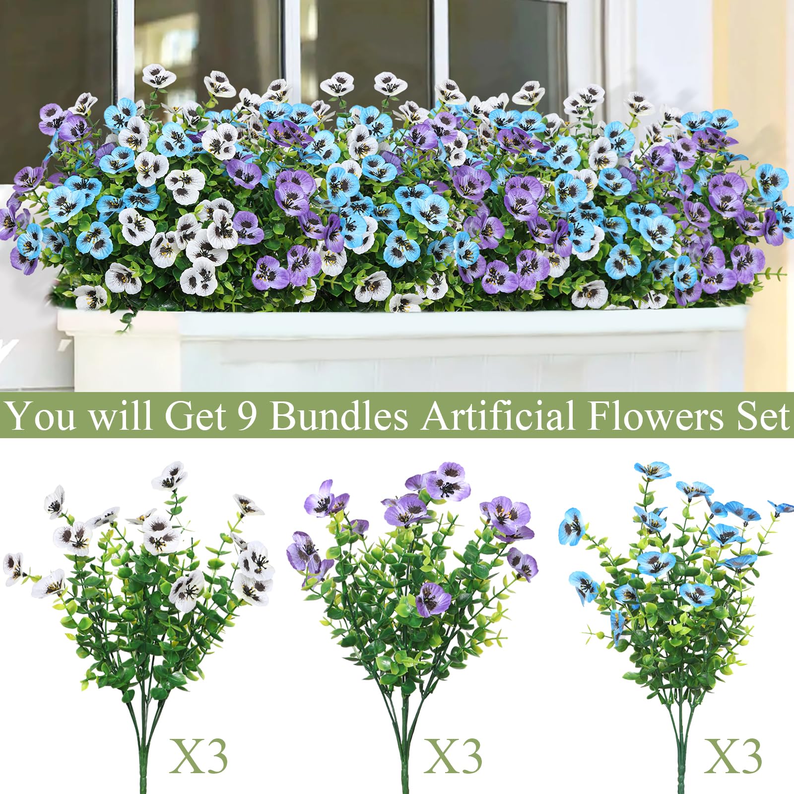 9 Cespugli Fiori Artificiali Viole Del Pensiero - Viola, Giallo, Bianco - Piante Finte Con Foglie Di Eucalipto Per Esterno E Interno - Decorazione Giardino E Balcone - 5