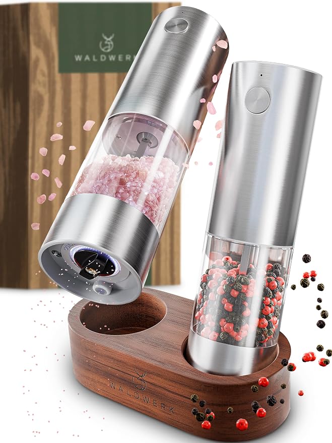 WALDWERK Electric Salt and Pepper Grinder Set (300 mAh Rechargeable Battery) - Salt and Pepper Shakers with Elegant Acacia Wood Stand – Rechargeable Automatic Salt and Pepper Grinder Set
