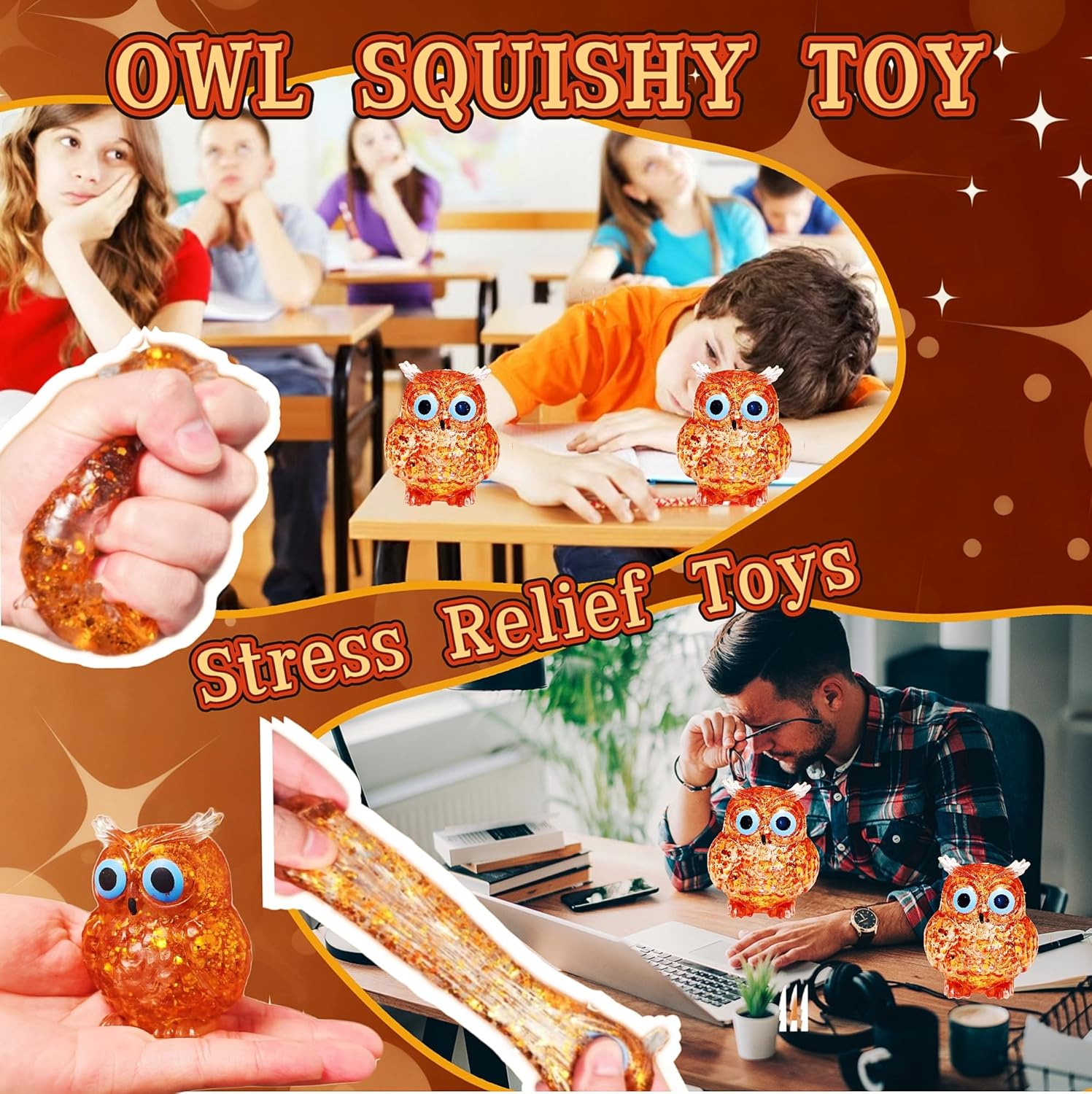 1Pcs Squishy Owl Stress Sugar Balls for Kids and Adults, Kawaii Animals Squeeze Squishy Toys, Glitter Owl Sugar Ball Stress Toy for Party Favors Easter Basket Stuffers (Brown)
