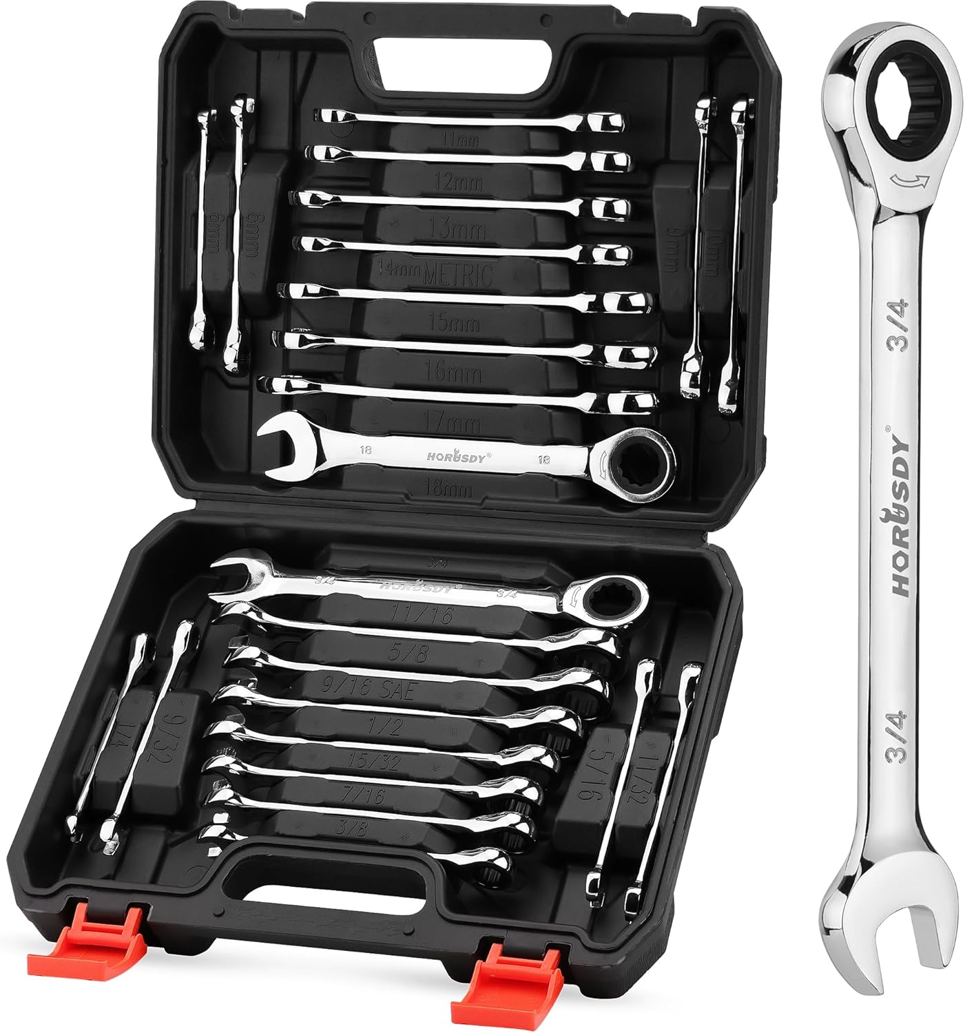 HORUSDY 24-Piece Ratcheting Wrench Set | Metric and SAE | Ratchet Combination Wrenches Set with Organizer | 72-Teeth | Chrome Vanadium Steel | 6-18 mm & 1/4 to 3/4