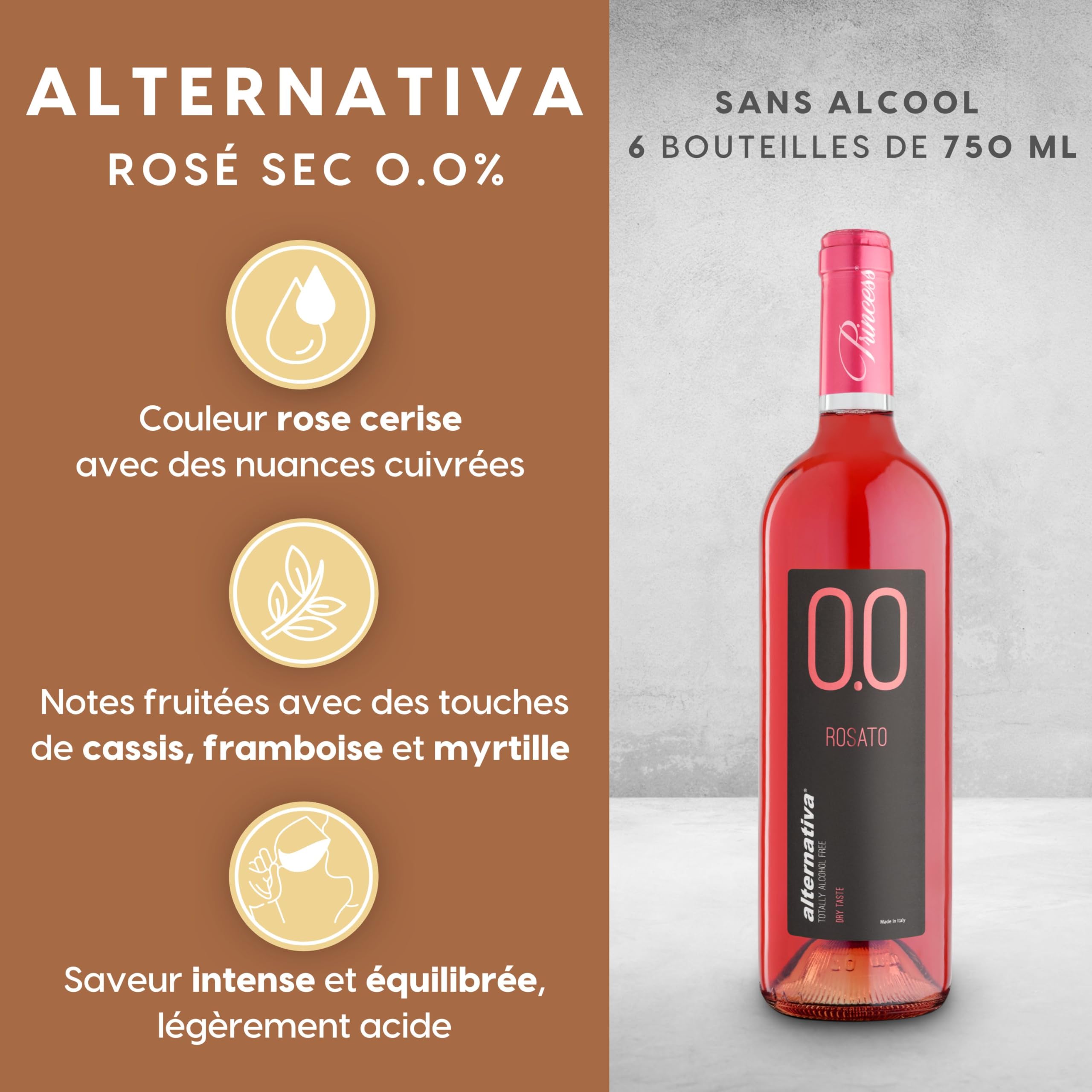 ALTERNATIVA Rosé Sec Sans Alcool 0.0% - Pack de 6 Bouteilles de 750 ml | Italien Désalcoolisé - Idéal pour Célébrations et Cadeaux