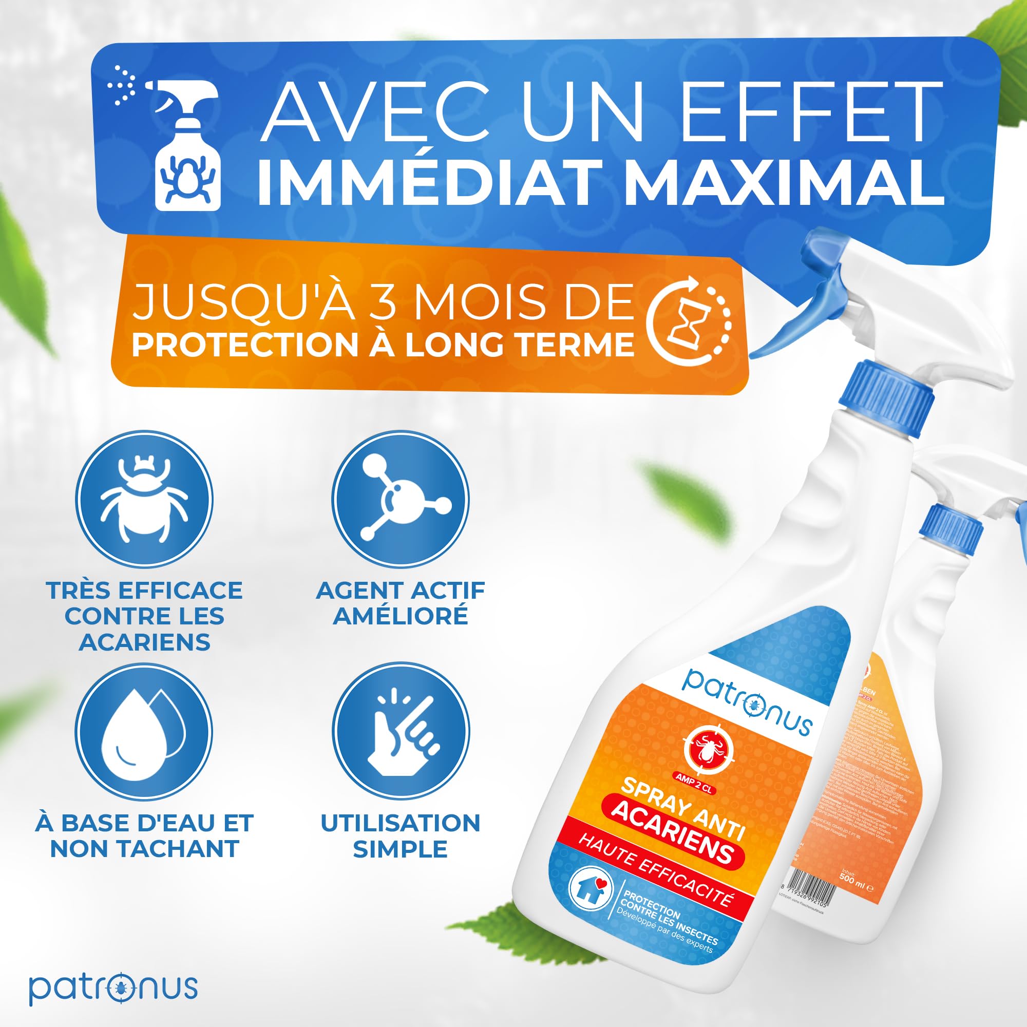 Spray anti-acariens pour matelas et coussins 500 ml - Spray anti-acariens comme remède contre les acariens de la poussière de maison - inodore, très efficace et testé en laboratoire