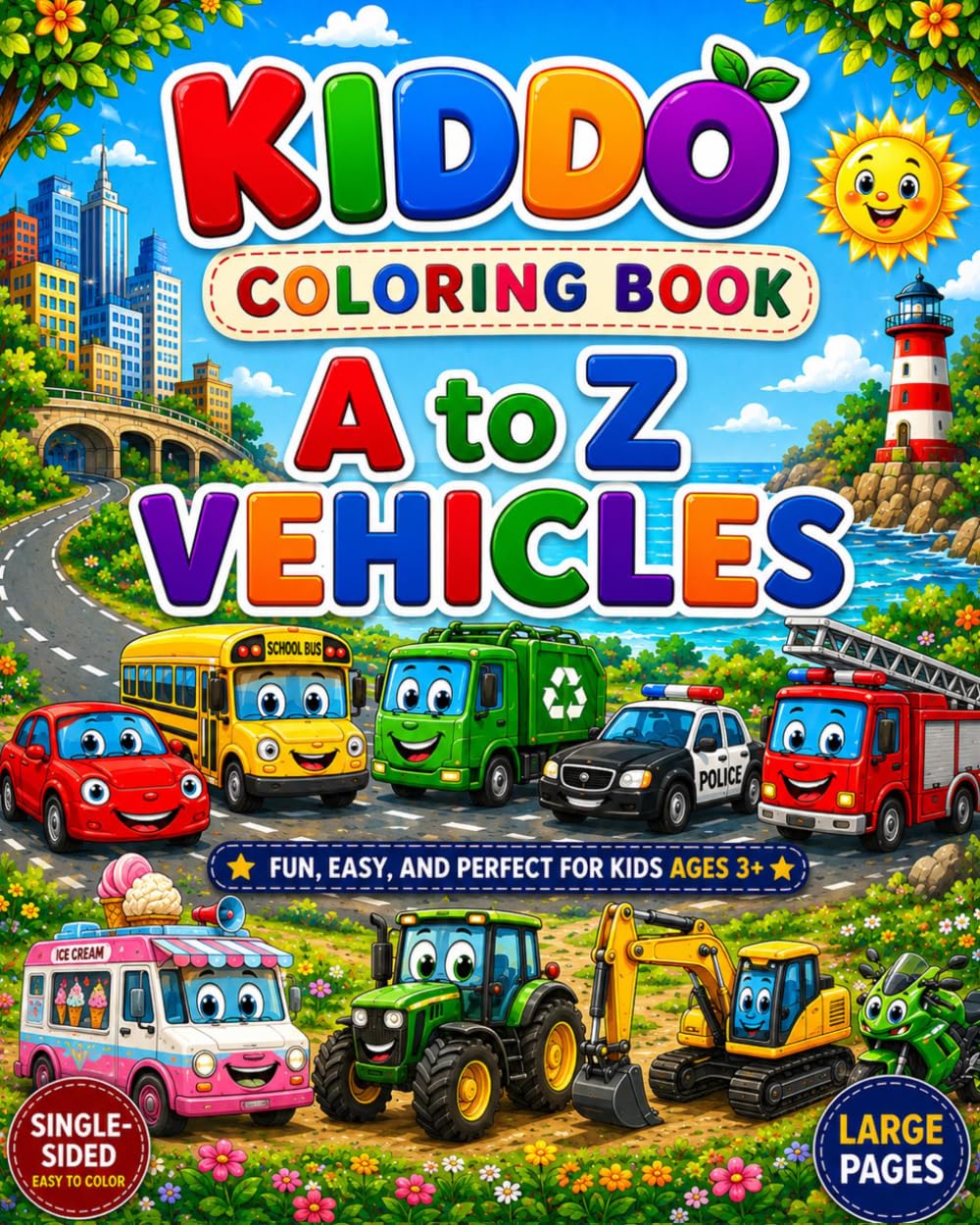 A to Z Vehicles Coloring Book for Kids Ages 3-8: Learn the Alphabet with Cars, Trucks, Tractors, Buses, Helicopters, and More | Easy Bold Coloring ... Preschoolers (KIDDO A to Z Coloring Books)
