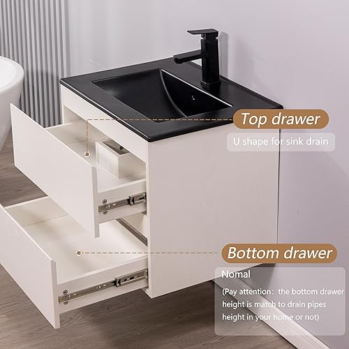 Miniatura 4 de Mueble de baño montado en la pared blanca de 24 pulgadas con lavabo flotante de dos cajones con fregadero integrado de cerámica negra