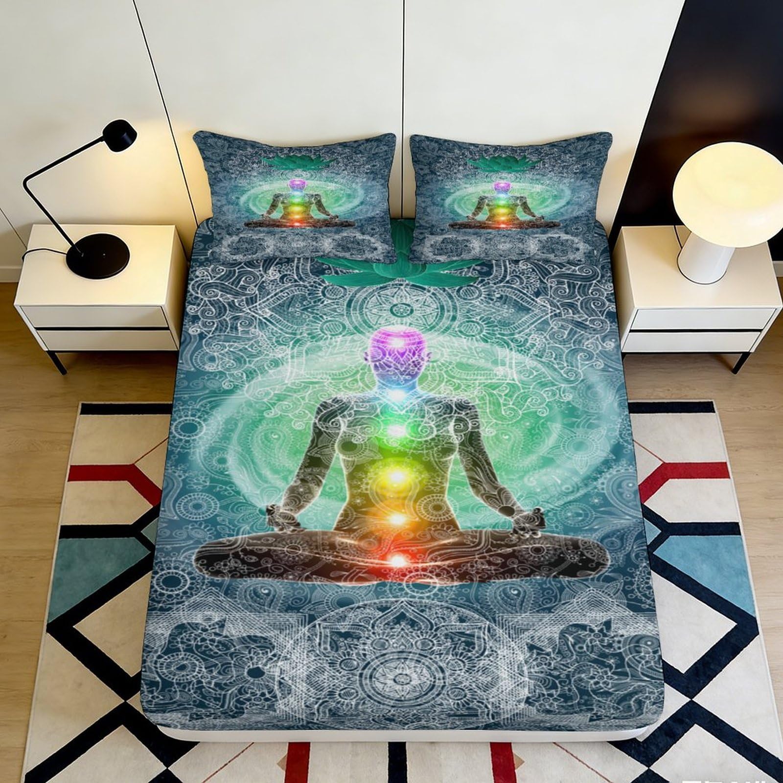 3D Printed Chakra Meditation Fitted Sheet Microfiber Soft Art Mandala Bed Cover for Bedroom Dorm Decor 90x200x25cm