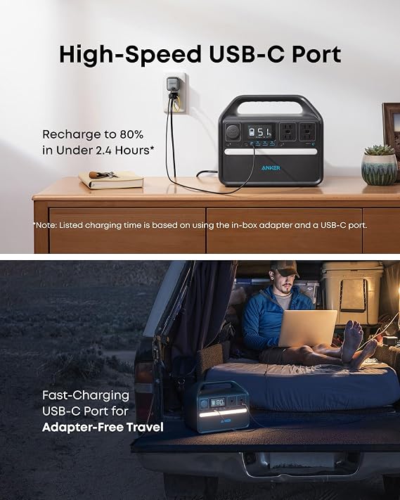 Anker 536 Portable Power Station, 508Wh Solar Generator (Solar Panel Optional) with LiFePO4 Battery Pack, 500W 9-Port Powerhouse, 4 AC Outlets, 60W USB-C PD Output, LED Light for Outdoor Camping, RV