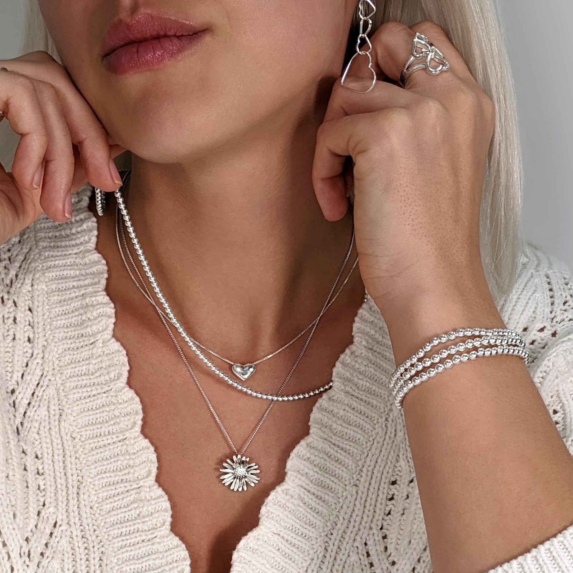 Silverly 4mm Sterling Silber Perlenarmband | 925er Massivsilberarmbänder für Damen | Stapelbare Armbänder mit Elastischen Perlen für Teenager-Mädchen | Runder Ball Verstellbares Stretch-Design