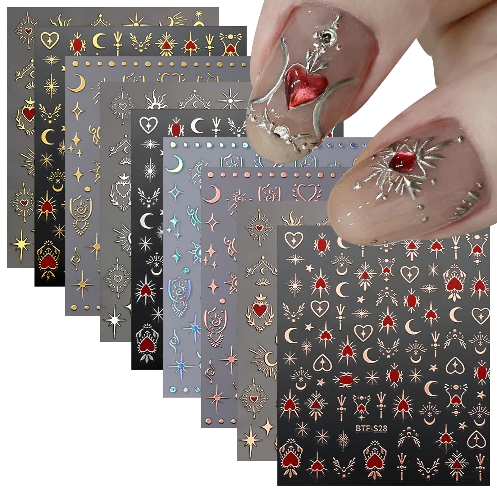 9 Sheets Moon & Star Nail Art Kit for Women – Metallic Gold Silver Nail Stickers for Nail Art, Self-Adhesive Y2K Nail Art Stickers-image-33