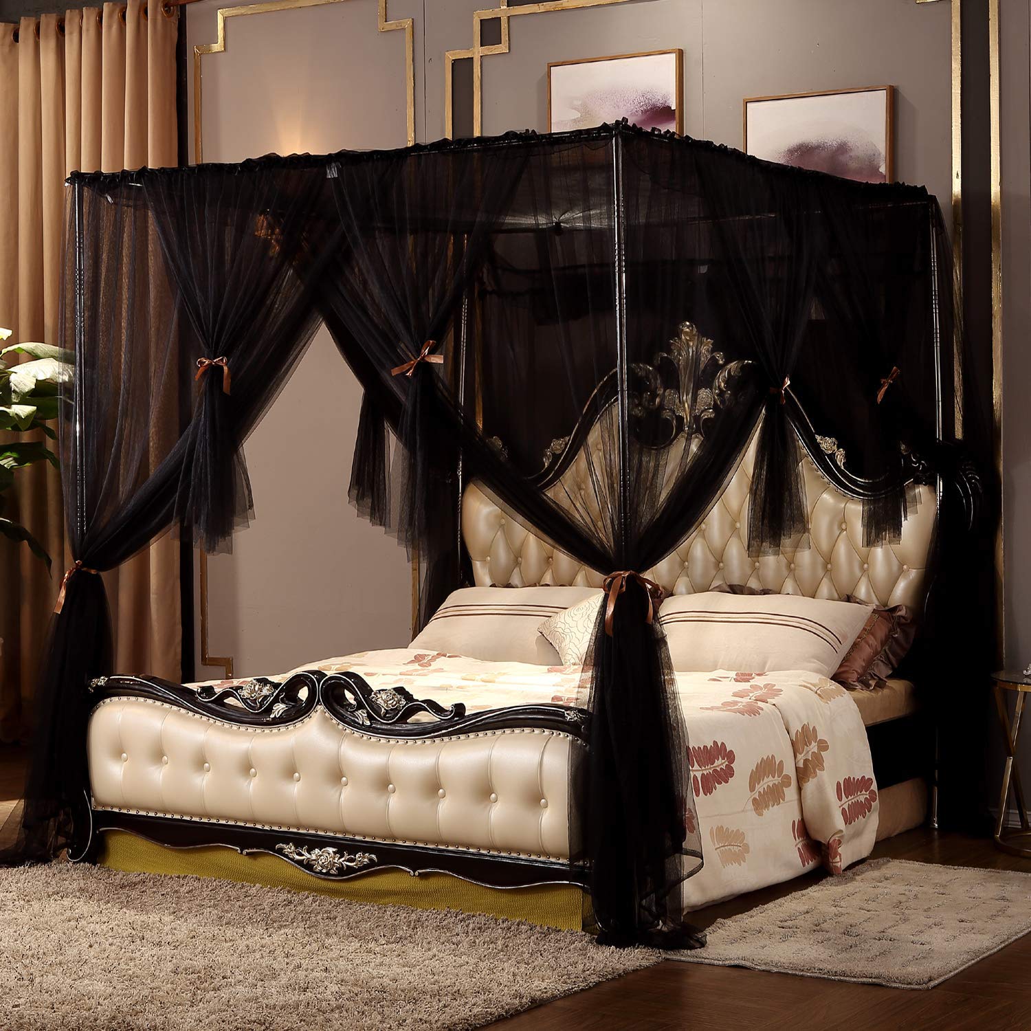 APS 4 Corners Post Canopy Bed Curtain - Royal Luxurious Cozy Drape Netting - 3 Opening Mosquito Net - Cute Princess Bedroom Decoration Accessories (47" W*78" L*82"*H/(Suggested for Twin), Black)