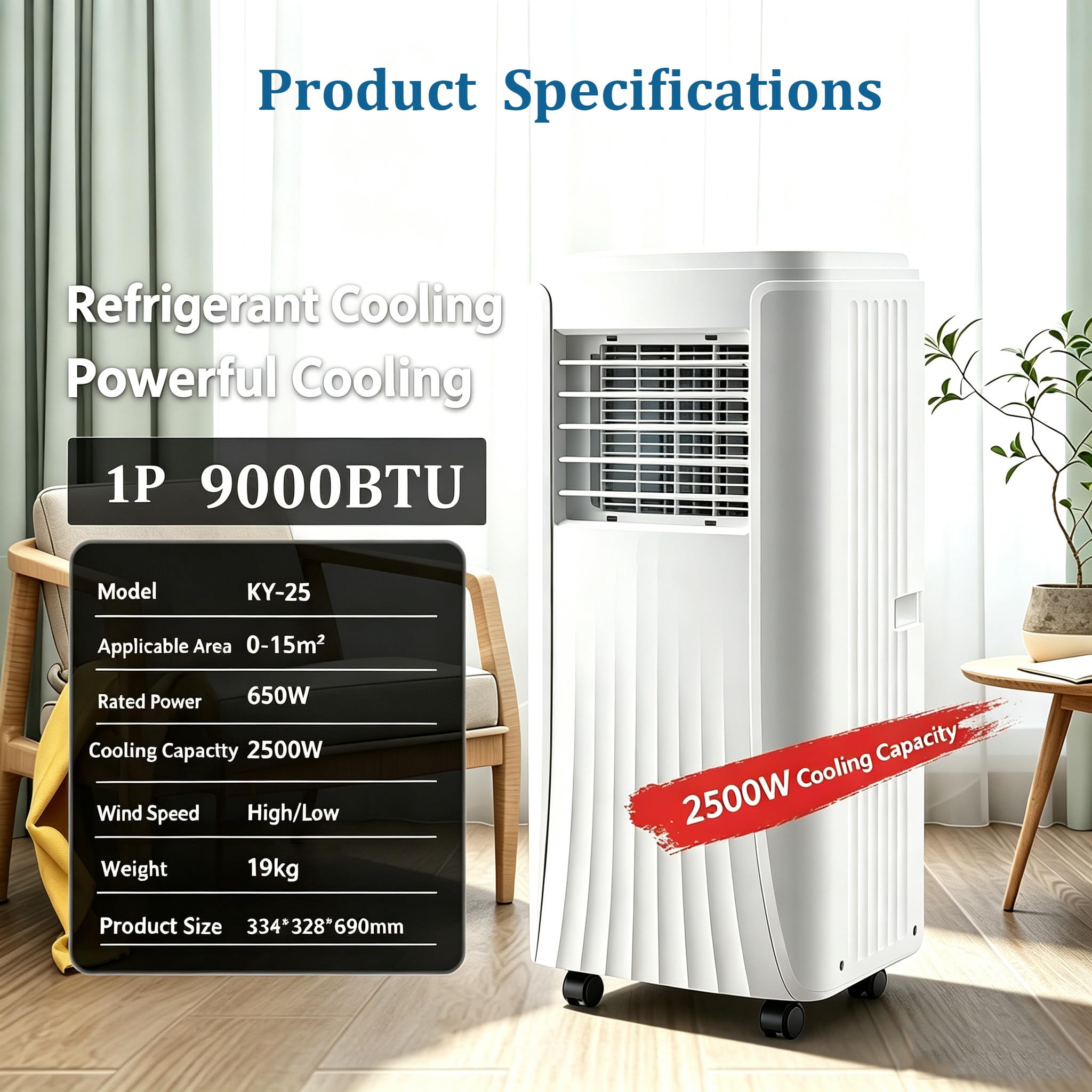 Aire Acondicionado portátil de 12 000 BTU con Modos de Ventilador y deshumidificador; 2 velocidades,Temporizador de 24 Horas y Control Remoto; 350 pies Cuadrados. 9000BTU