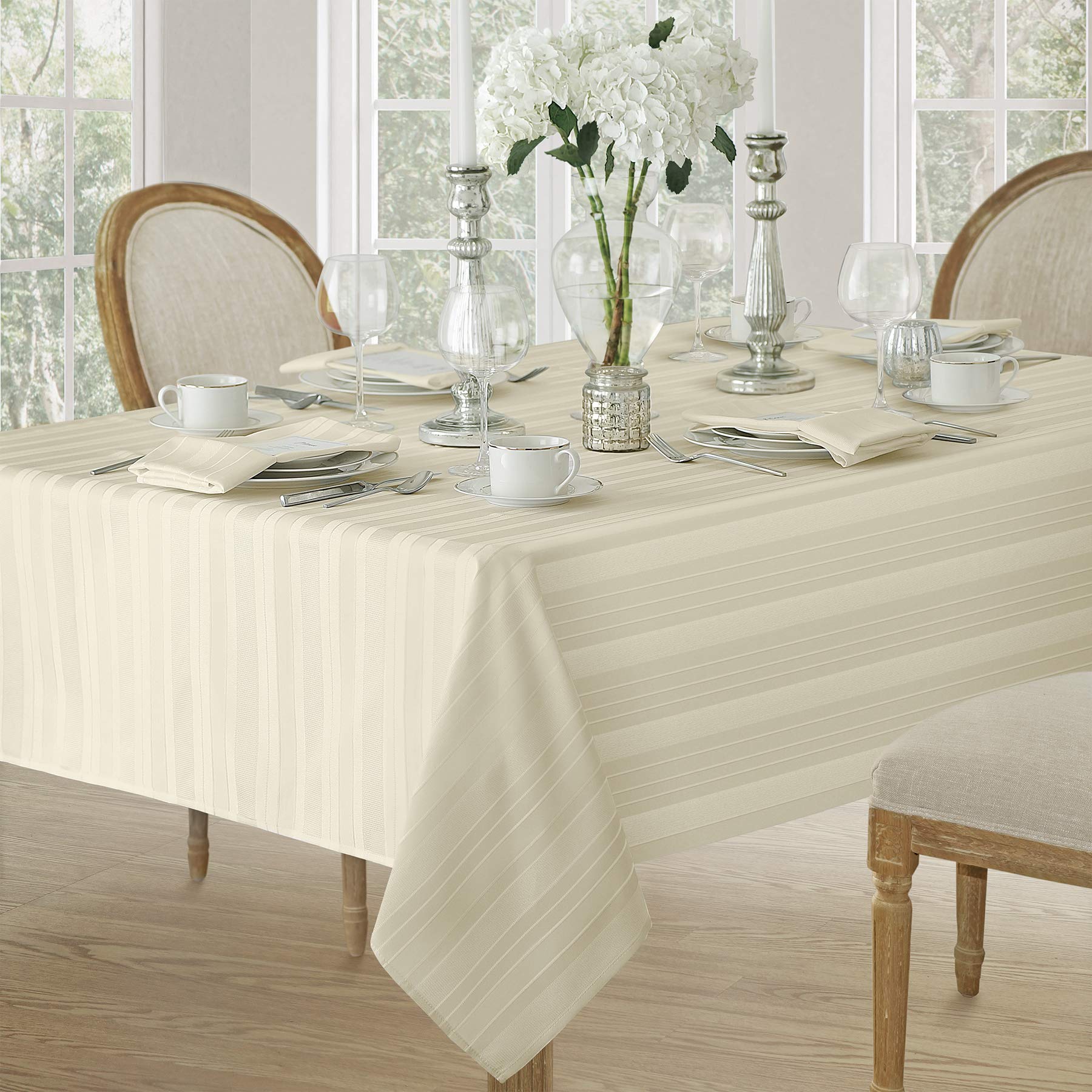 Newbridge 60 x 120 Inch Rectangle Ivory Fabric Tablecloth, Denley Satin Stripe, 100% Polyester, No Iron Soil Resistant Dining Room, Heavy Weight Party Table Cover