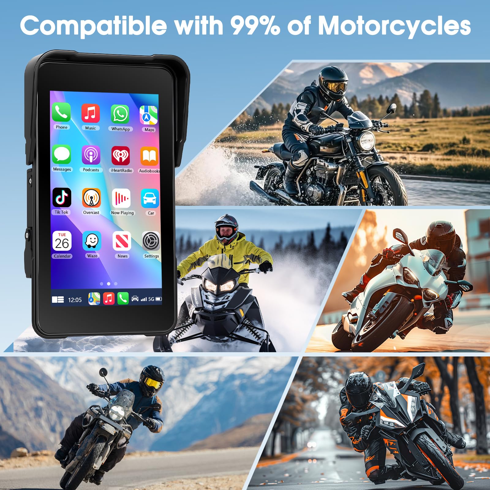 Navigatore per moto con Apple CarPlay e Android Auto Wireless, Autoradio Portatile Touchscreen HD 5 Pollici Bluetooth FM Impermeabile IP68