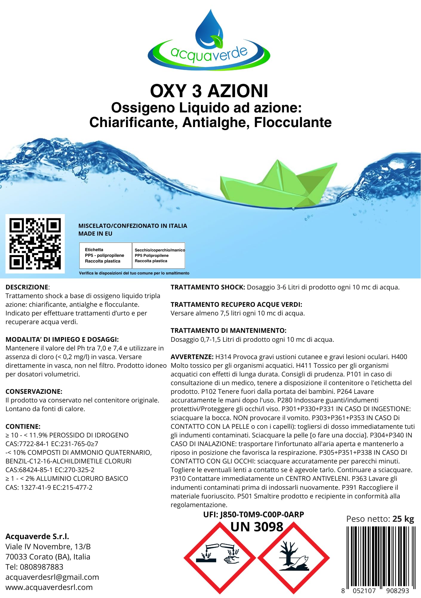 acquaverde OXY 3 Azioni | Ossigeno Attivo Liquido per Piscina - 25 kg, Chiarificante, Antialghe e Flocculante, Alternativa al Cloro per Trattamento, Pulizia ed Igiene per Acqua di Piscine