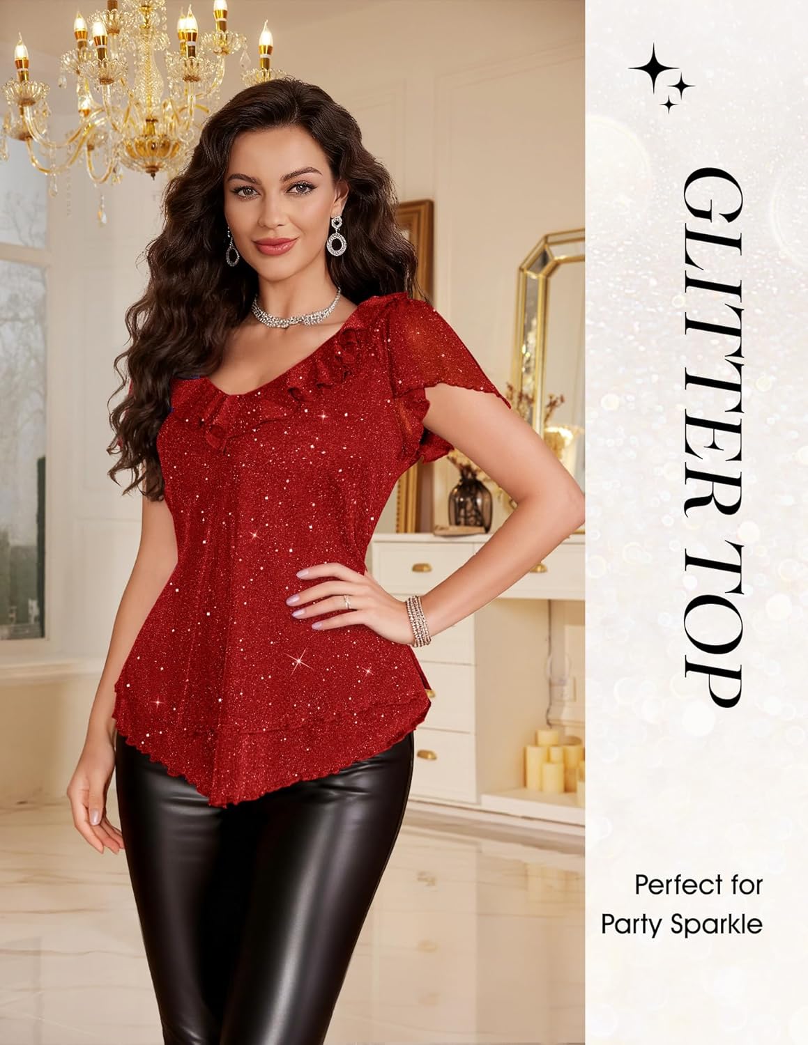 Women's Sparkly Sequin Tops Short Sleeve Glitter Casual Summer V-Neck Ruffle Top - Image 6