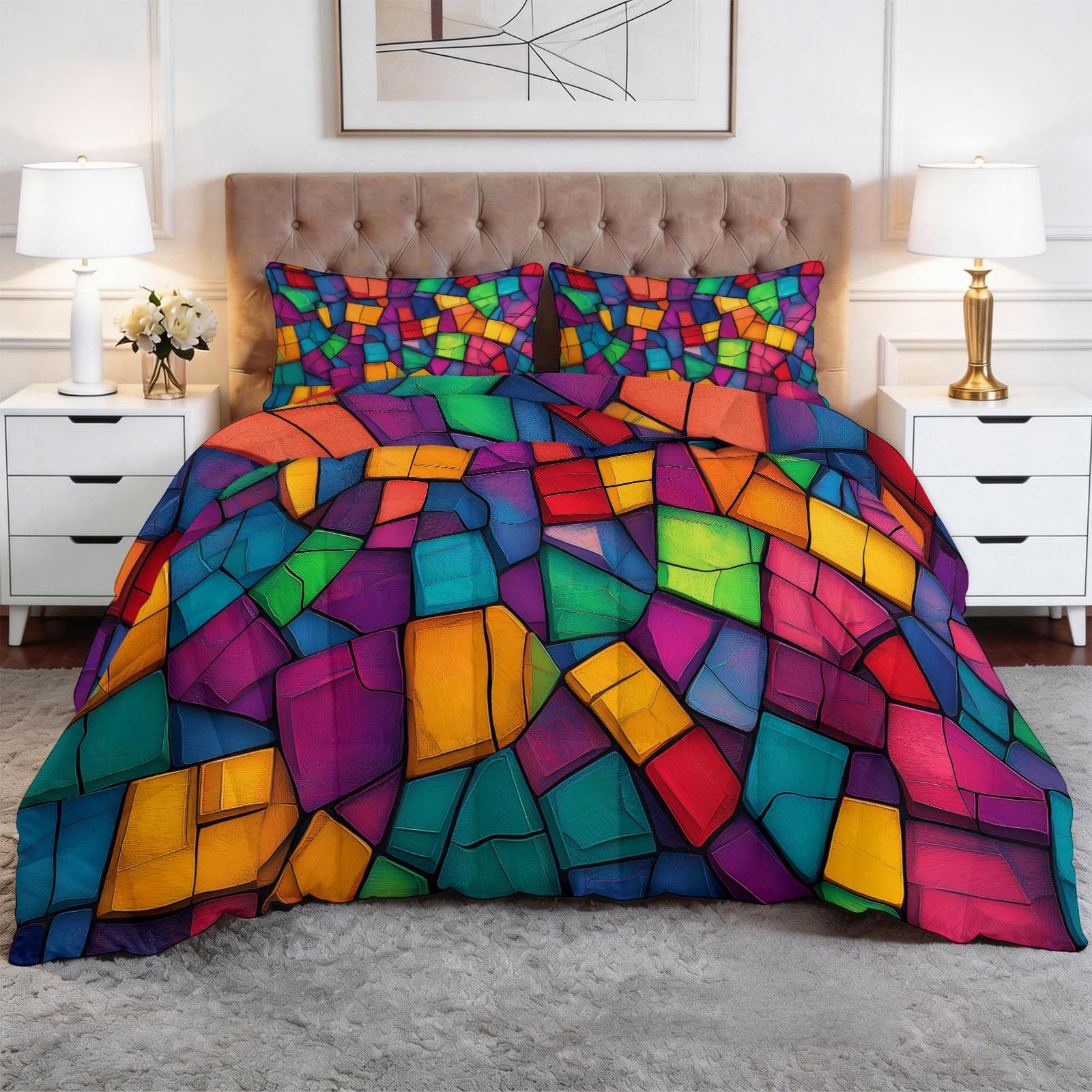 CozyRest Edredon Relleno nordico Cama Infantil Algodón - Geométrico Mosaico Cuadrado Rejilla - Bebe rellena Juego de Manta con Almohada 50 x 75 cm por niños e niñas Colorido