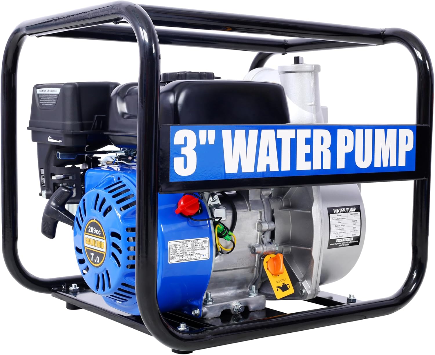 7HP Gas Powered Semi-Trash Water Pump 3 Inch 264 GPM 209cc 4-Stroke OHV Engine - w/50ft Discharge Hose & 12ft Suction Hose Kit - EPA Compliant for Construction, Flood Control, Agricultural Use