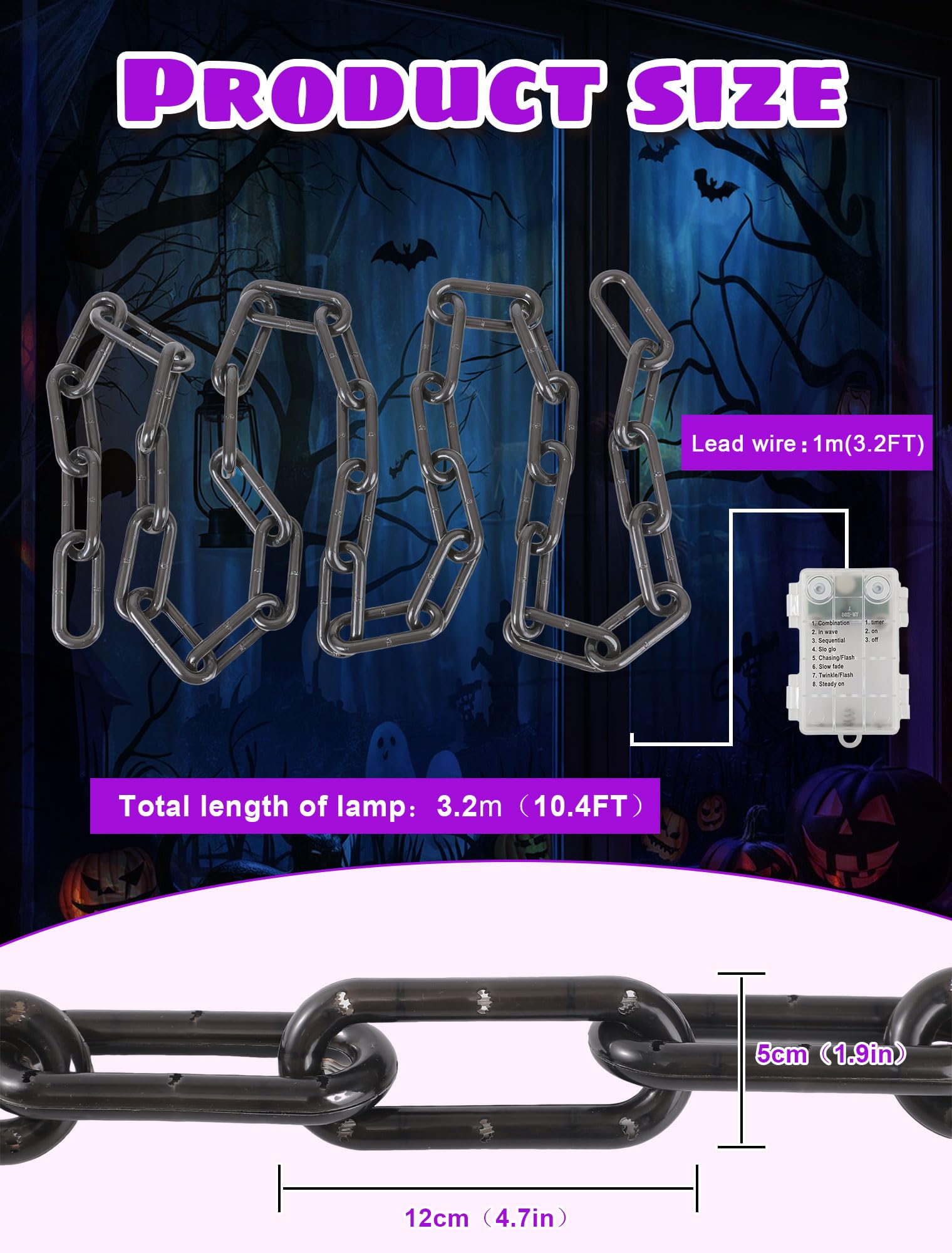 Catena di luci in plastica da 3 m per decorazioni di Halloween, USB e batteria, 175 luci a LED con timer, luce viola, 8 modalità impermeabili, per Halloween, interni ed esterni, decorazione per