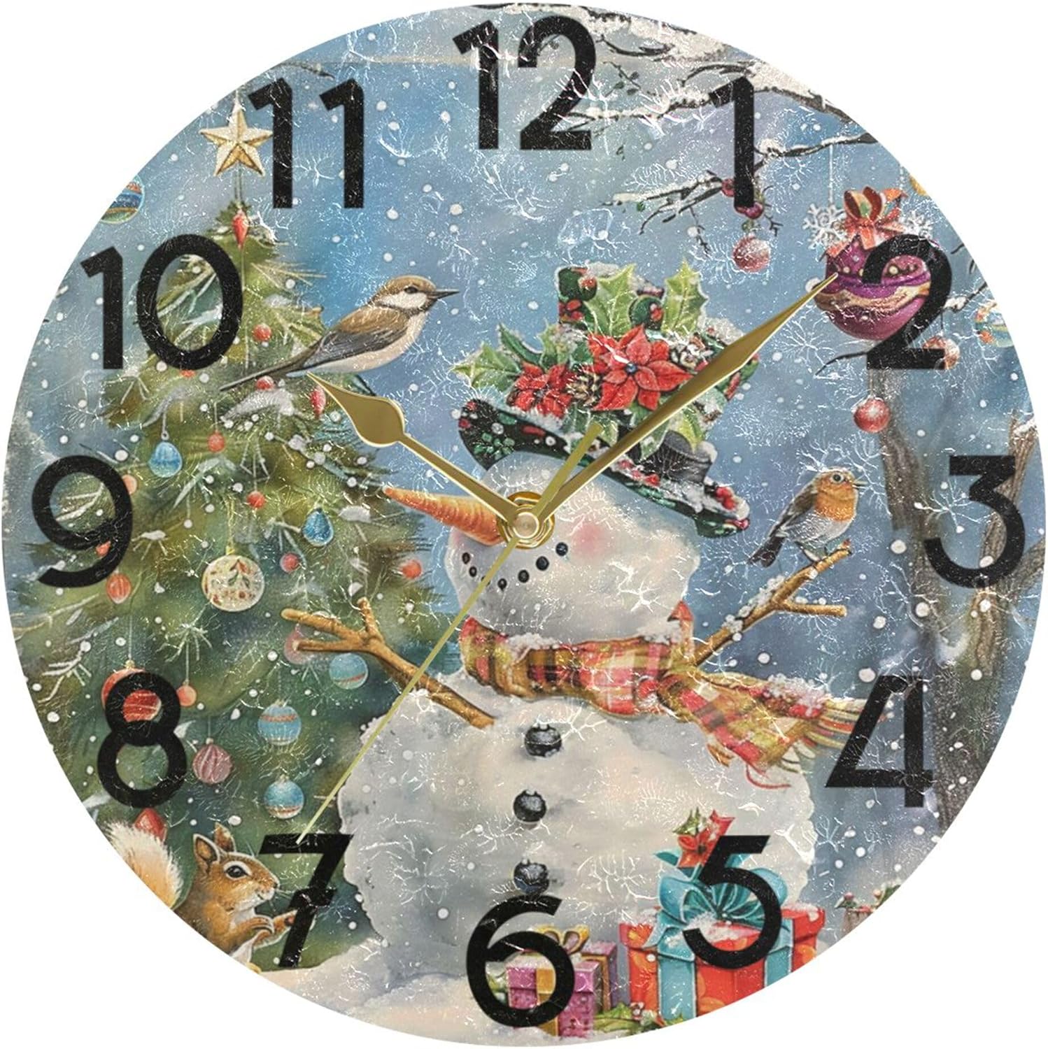Winter Snowman Birds Round Clock Large Numbers New Year Decorative Christmas Tree Snowflake Xmas Bells Wall Clocks 10 Inch Battery Operated Quartz Analog Quiet Desk Clock for Kitchen Bedroom