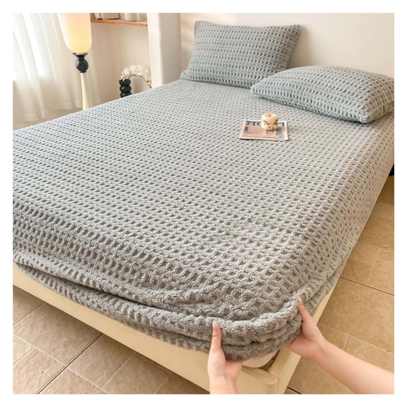 Sábana bajera de felpa matrimonial protector de colchón de terciopelo con funda de almohada gris