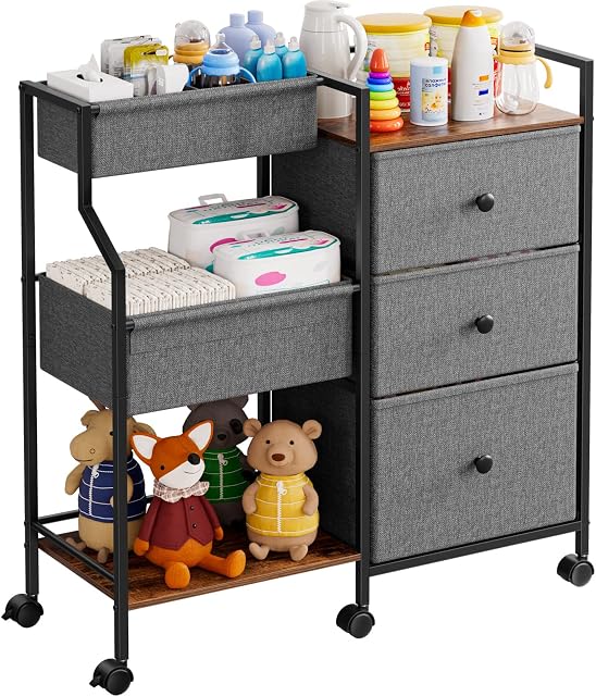 Couche bébé Caddy Organisateur et stockage - 3 Cart à roulettes de niveau avec diviseurs et tiroirs, facile à assembler, chariot utilitaire mobile avec roues pour les pépinières, chambre à coucher, table à langer & Lit bébé