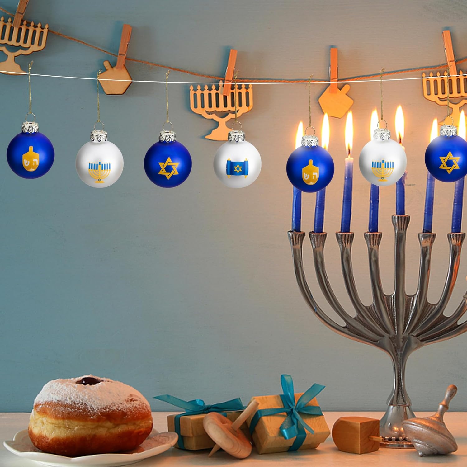 12pcs Glass Ball Ornaments, Star of David Hanukkah Ornament Balls, White and Blue Jewish Menorah Decorations for Tree (12 pcs)