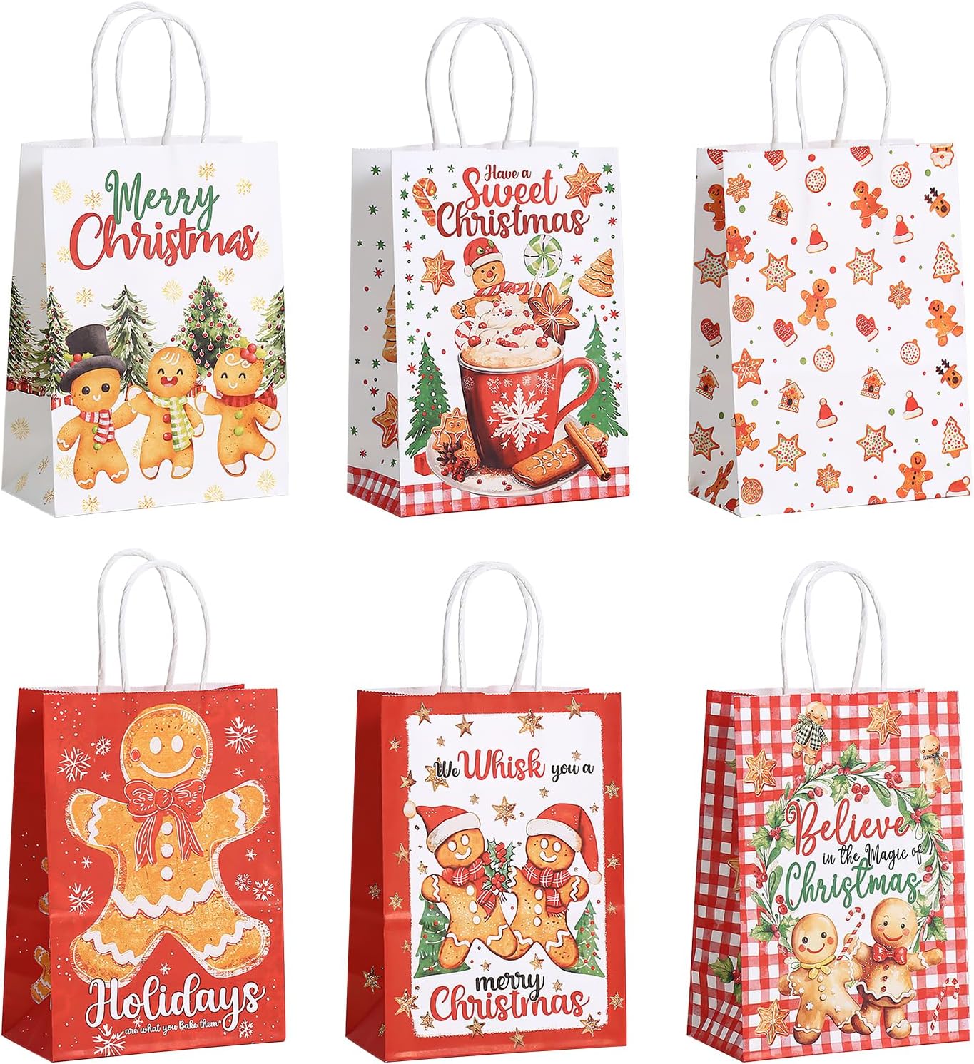 12 Pcs Christmas Gift Bags Gingerbread Man Theme Kraft Paper Bags Treat Goodie Bag with Handles for Xmas Party Holiday Supplies