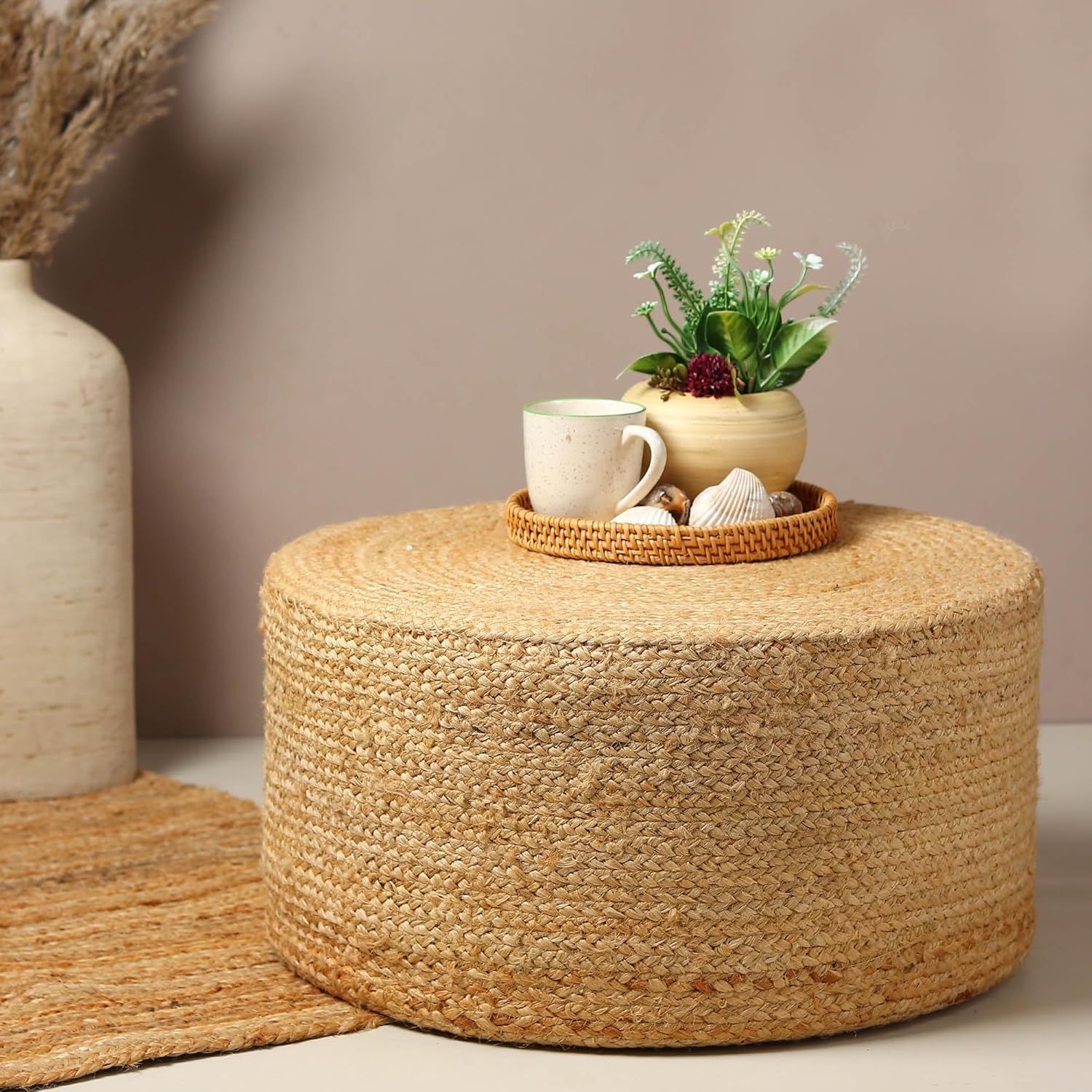 AVSHOP Ottoman | Pouf | Ottomans for Living Room | pouffe Stool | Nesting Stool | Jute pouffes for Sitting - Beige, Round (L: Dia49xH25 cm)-image-43