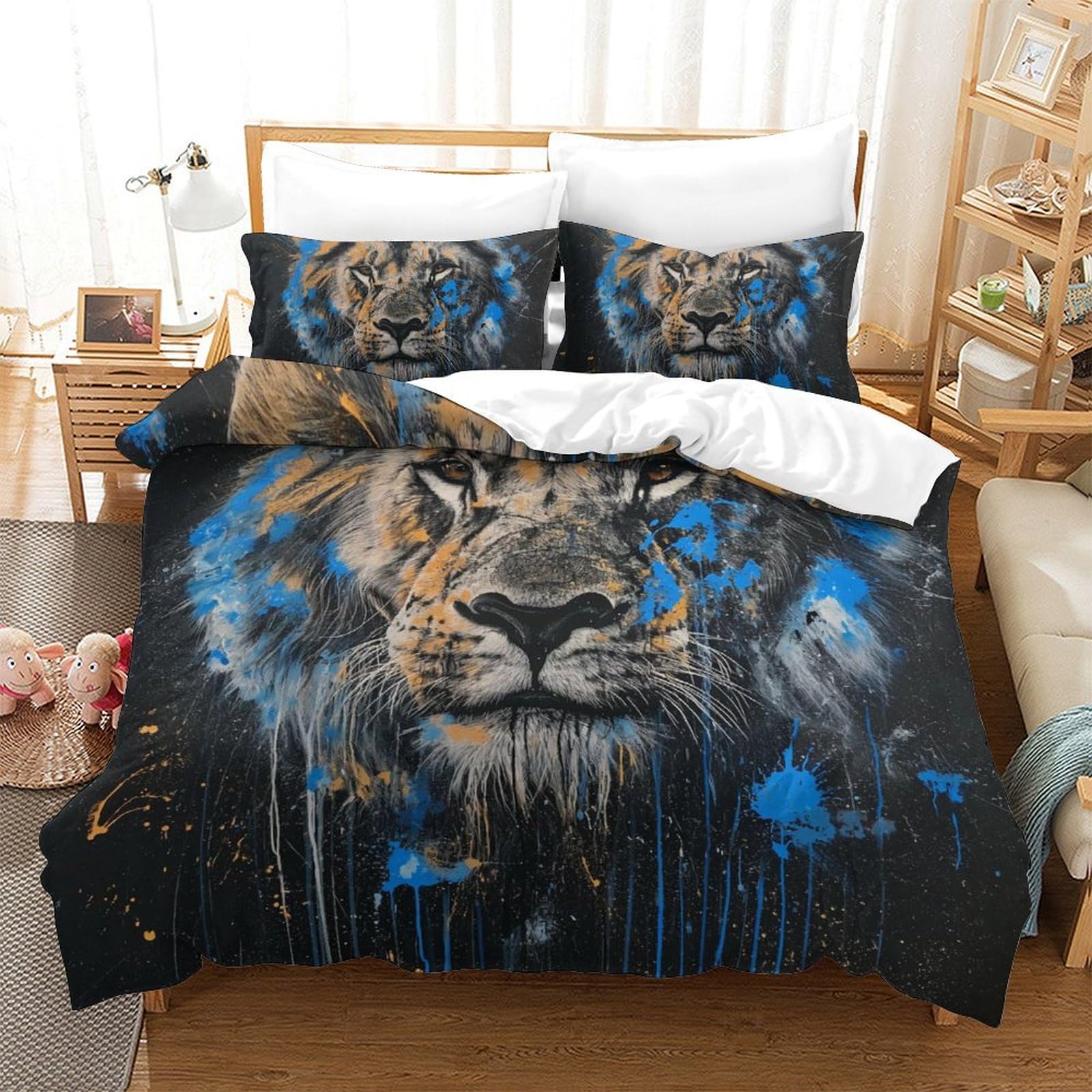 Literie lion en microfbre 3D double 200x200 avec taies d'oreiller