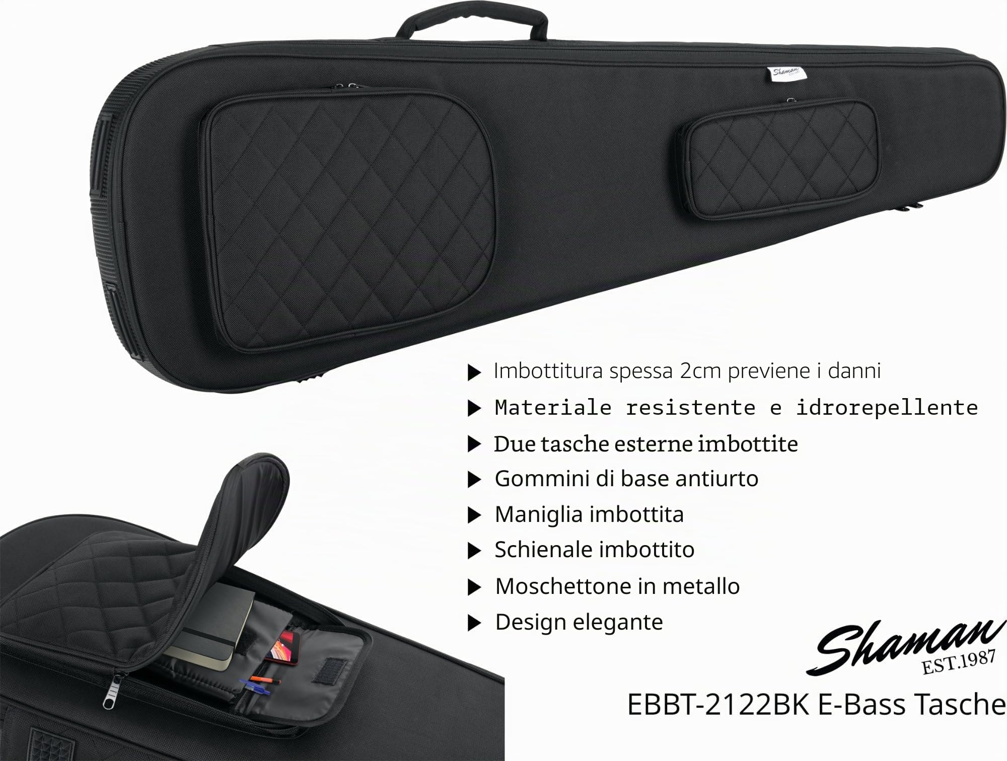 Shaman EBBT-2122BK Borsa per Basso Elettrico, gigbag imbottito spesso, manico regolabile con chiusura a strappo, tasche esterne imbottite, tasca tablet, imbracatura zaino retrattile.