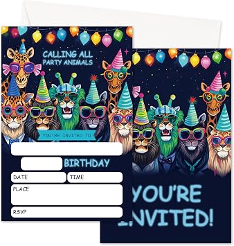 Birthday Party Invitation, Party Animal Birthday Invitation for Kids Boys Girls, Safari Jungle Invite Cards with Envelopes, Invitations for Birthday Party, Set of 20 Party Supplies - 14