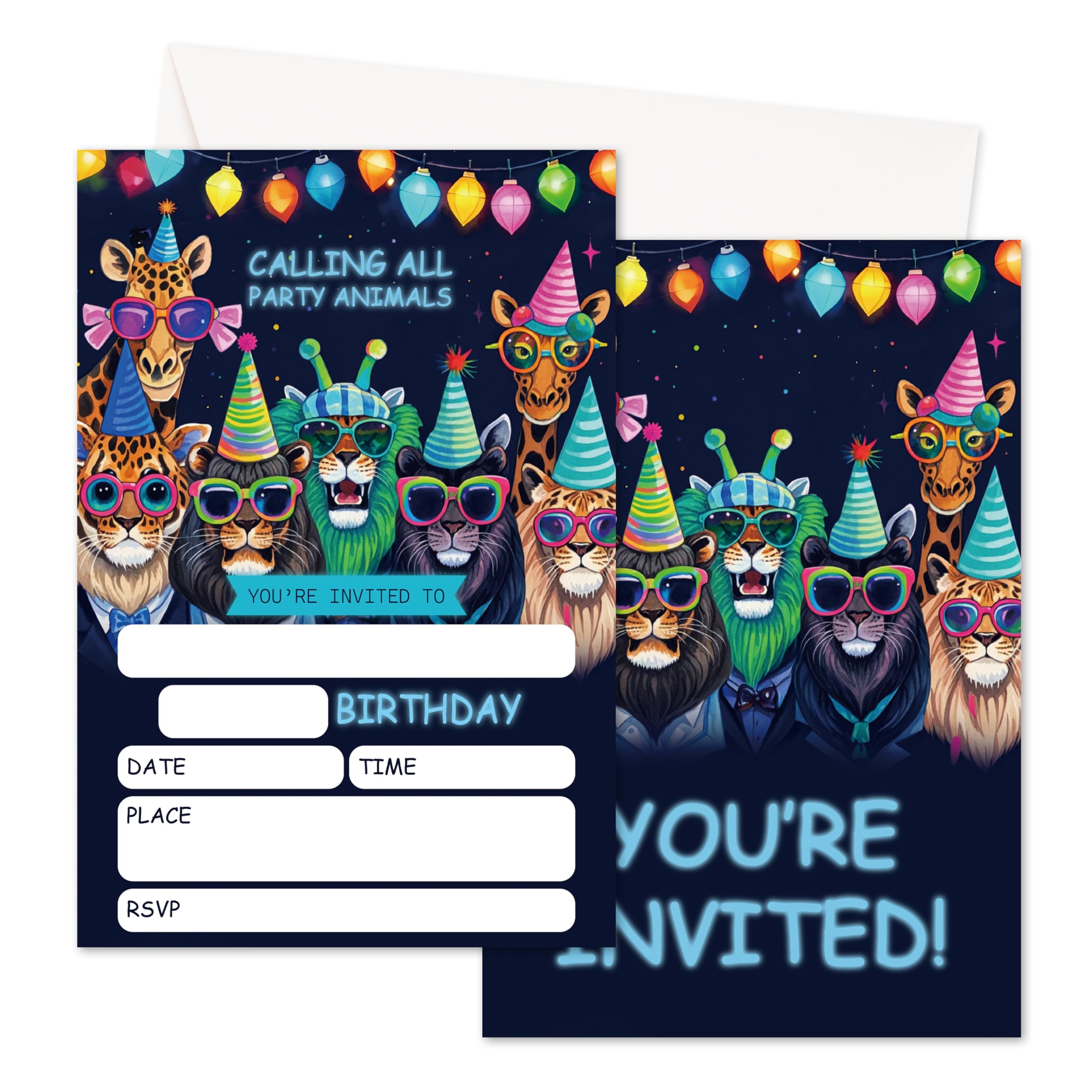 wenhihsiy Birthday Party Invitation, Party Animal Birthday Invitation for Kids Boys Girls, Safari Jungle Invite Cards with Envelopes, Invitations for