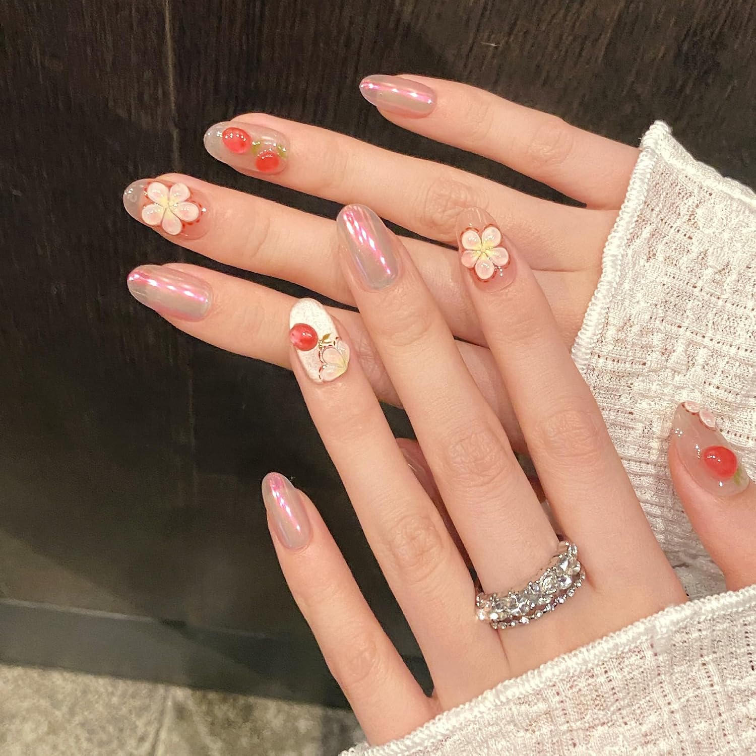 Handcrafted Short Press-On Nails with 3D Strawberries and Floral Design (S,Short Oval)